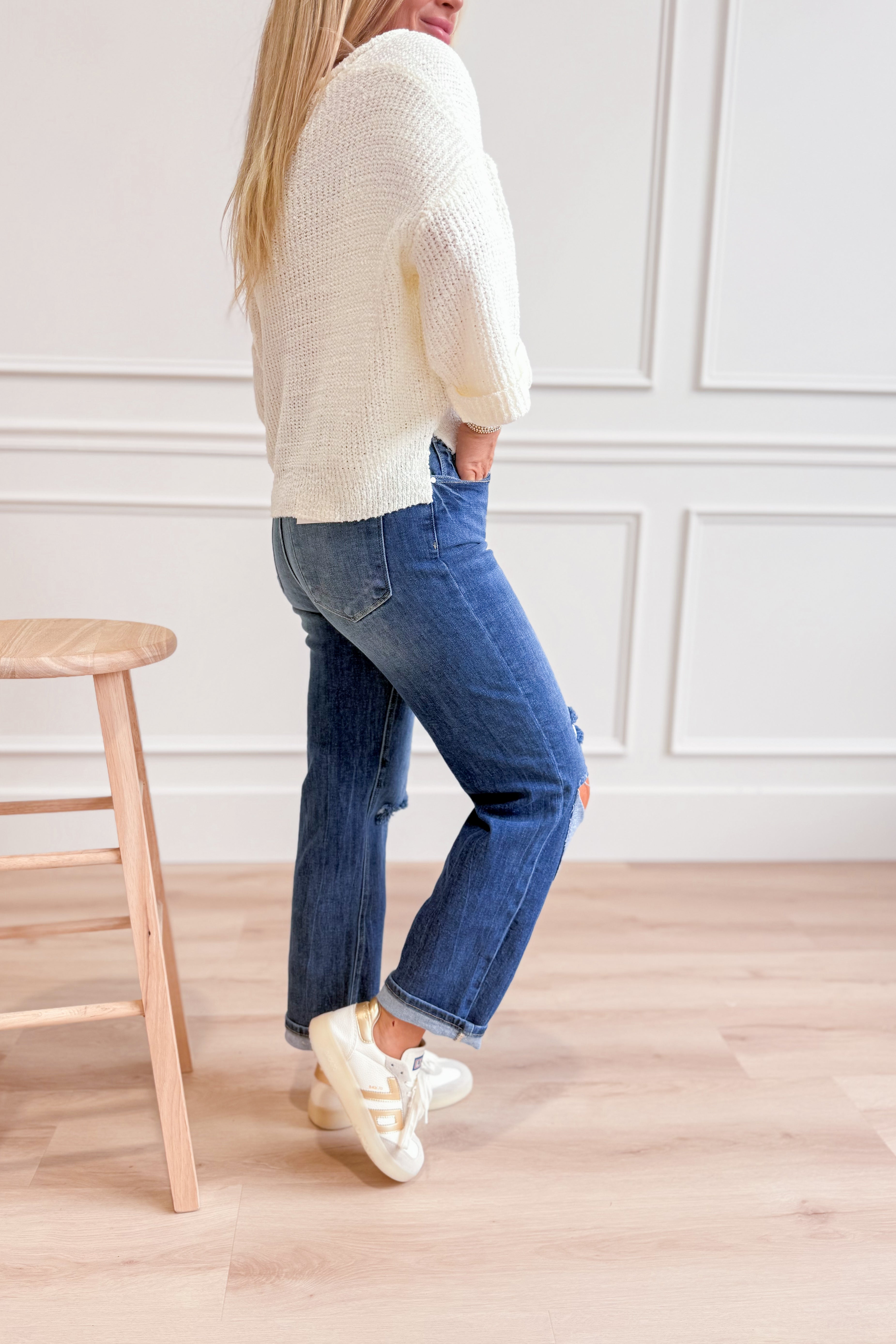 RISEN Kendra high rise distressed relaxed jeans, 146 core denim with faded details and frayed hems, casual fit for everyday wear.
