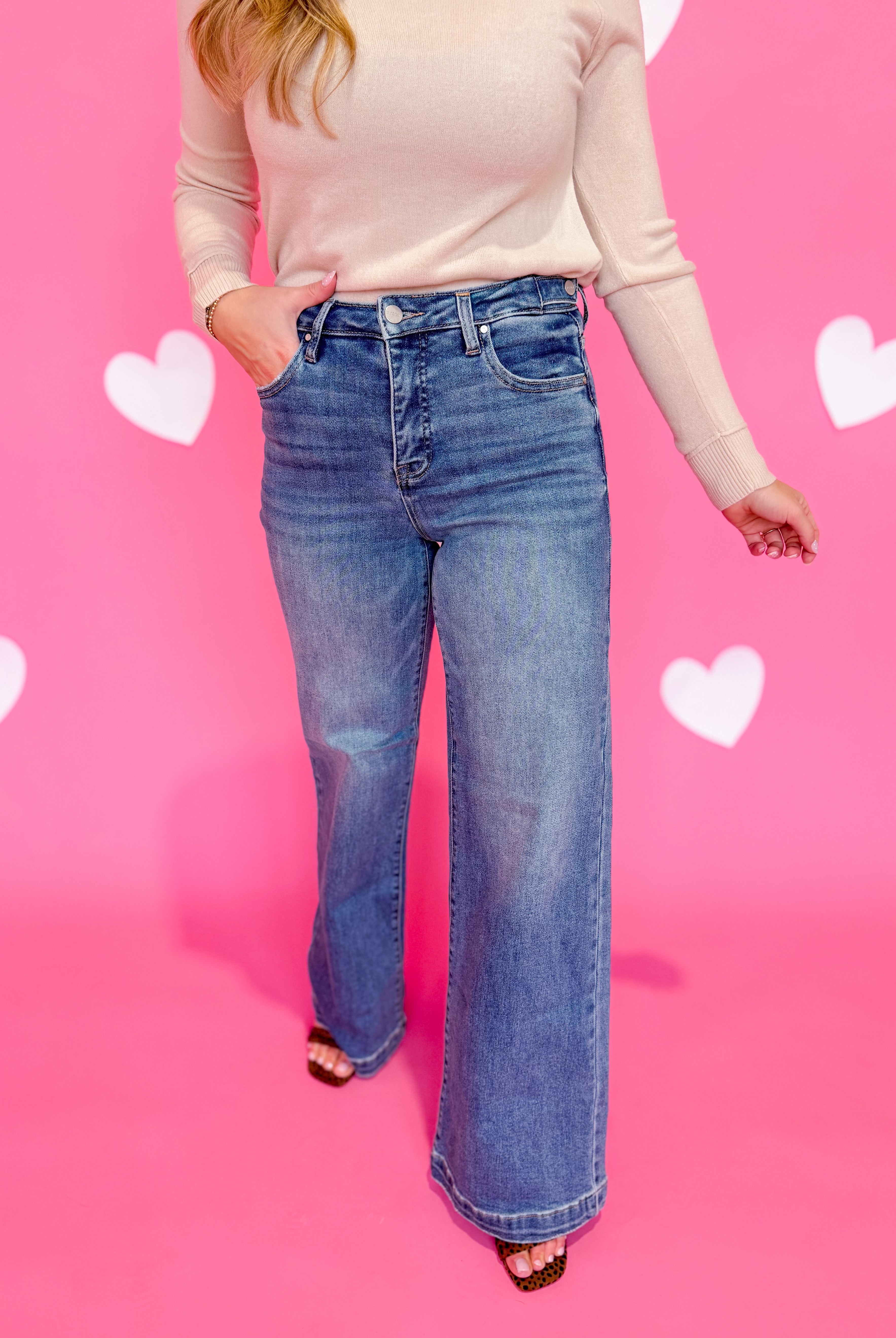 Risen Oscar high-rise tummy control wide adjustable jeans, blue denim with classic five-pocket design and belt loops.
