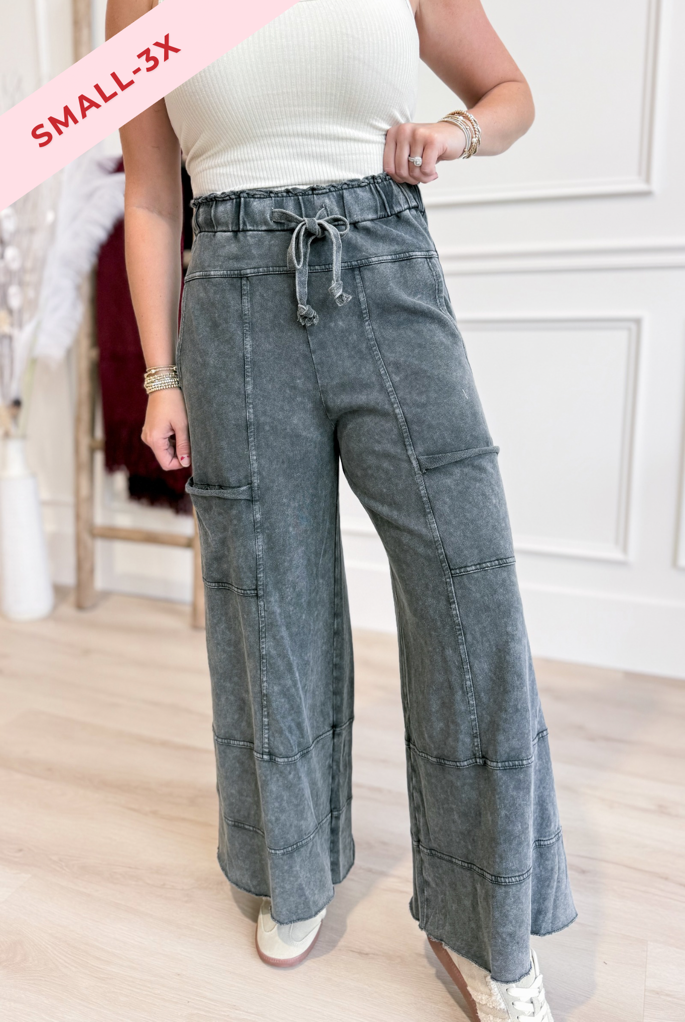 EASEL Bradley Mineral Washed Terry Knit Wide Leg Pants in beige, showing relaxed fit and soft textured fabric.