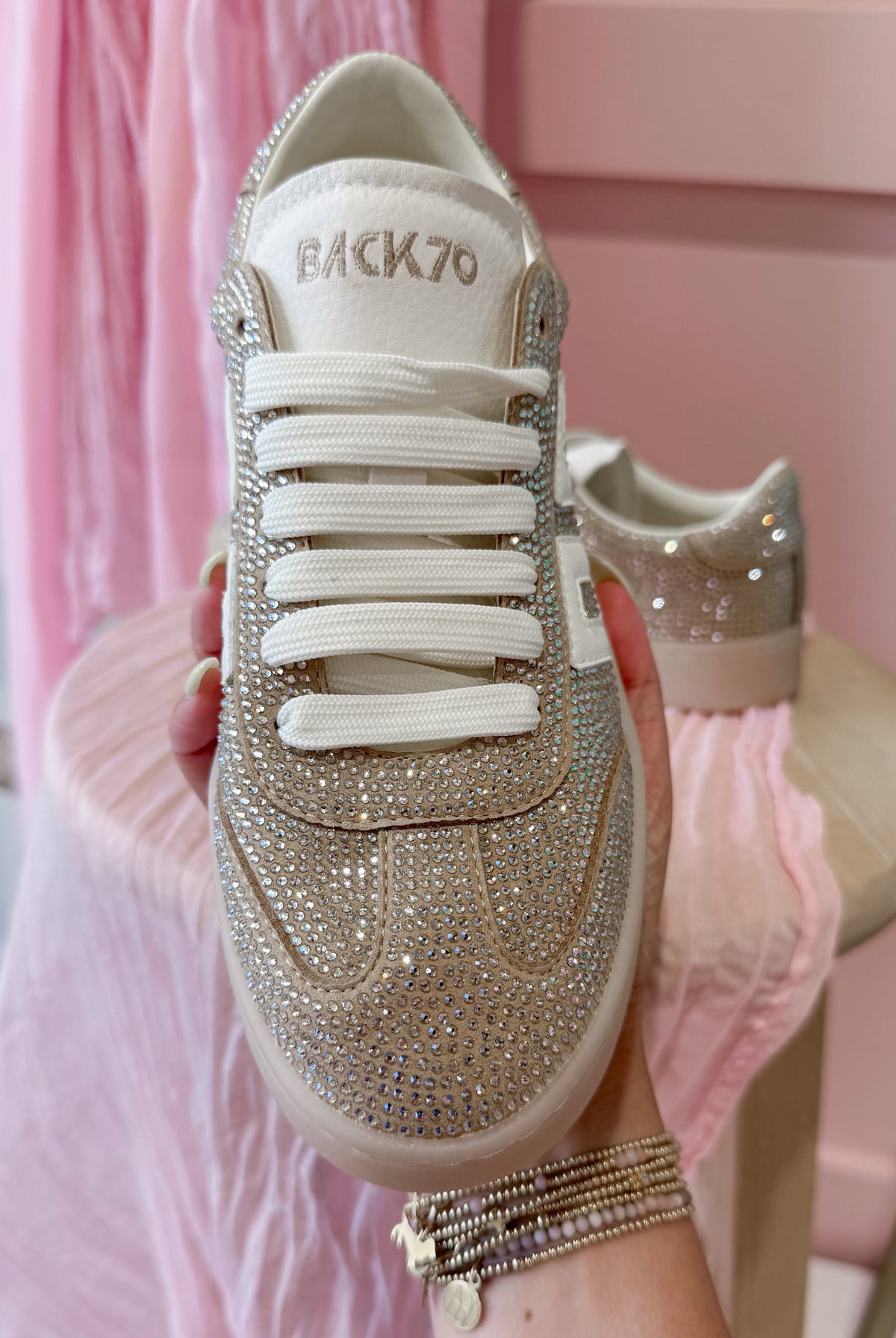 BACK 70 Smart Gold Rhinestone Sneakers, 205 Sneakers with sparkling rhinestone details and stylish design.
