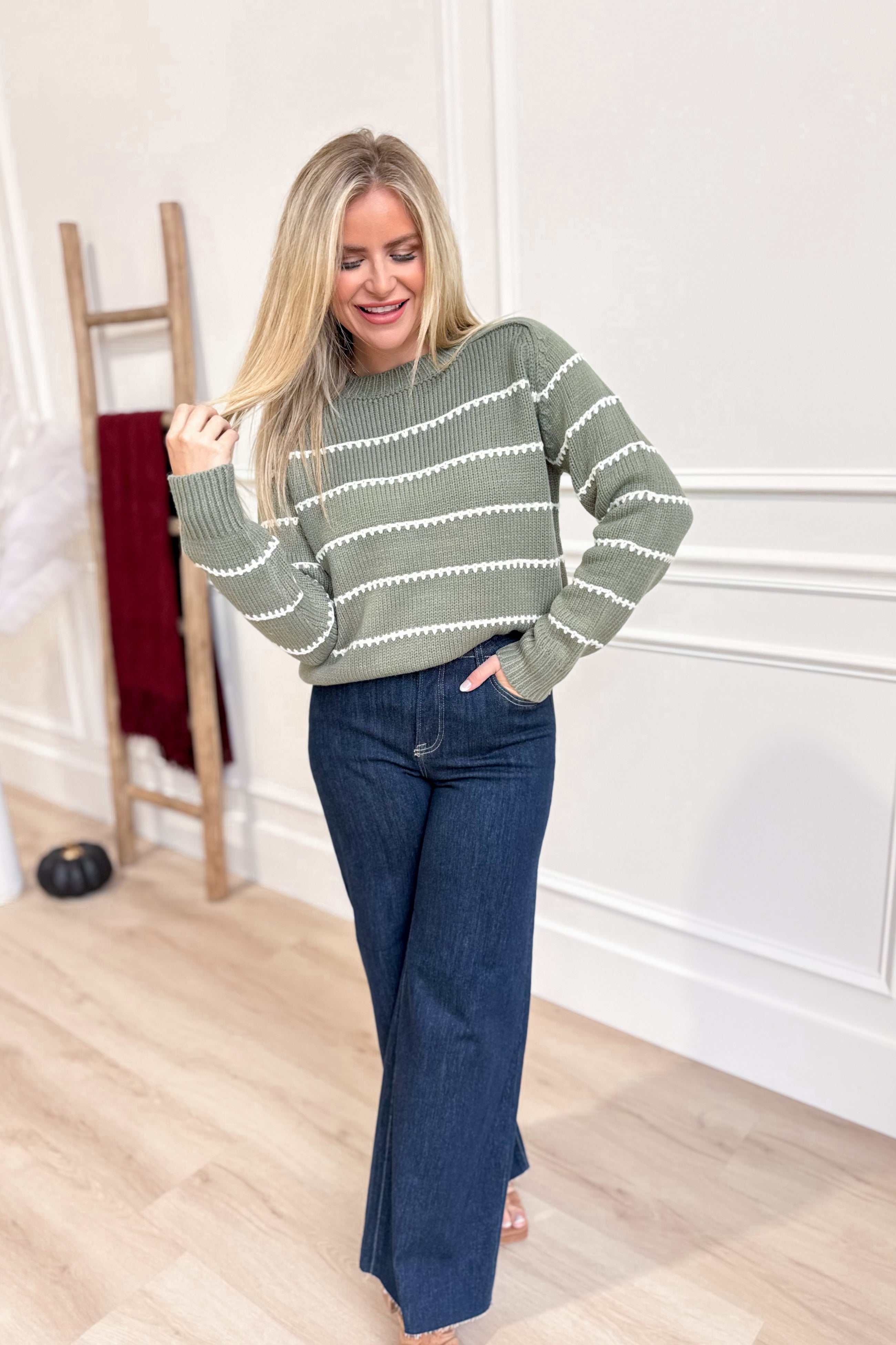 Kylie Stitched Long Sleeve Raglan Sweater - Be You Boutique