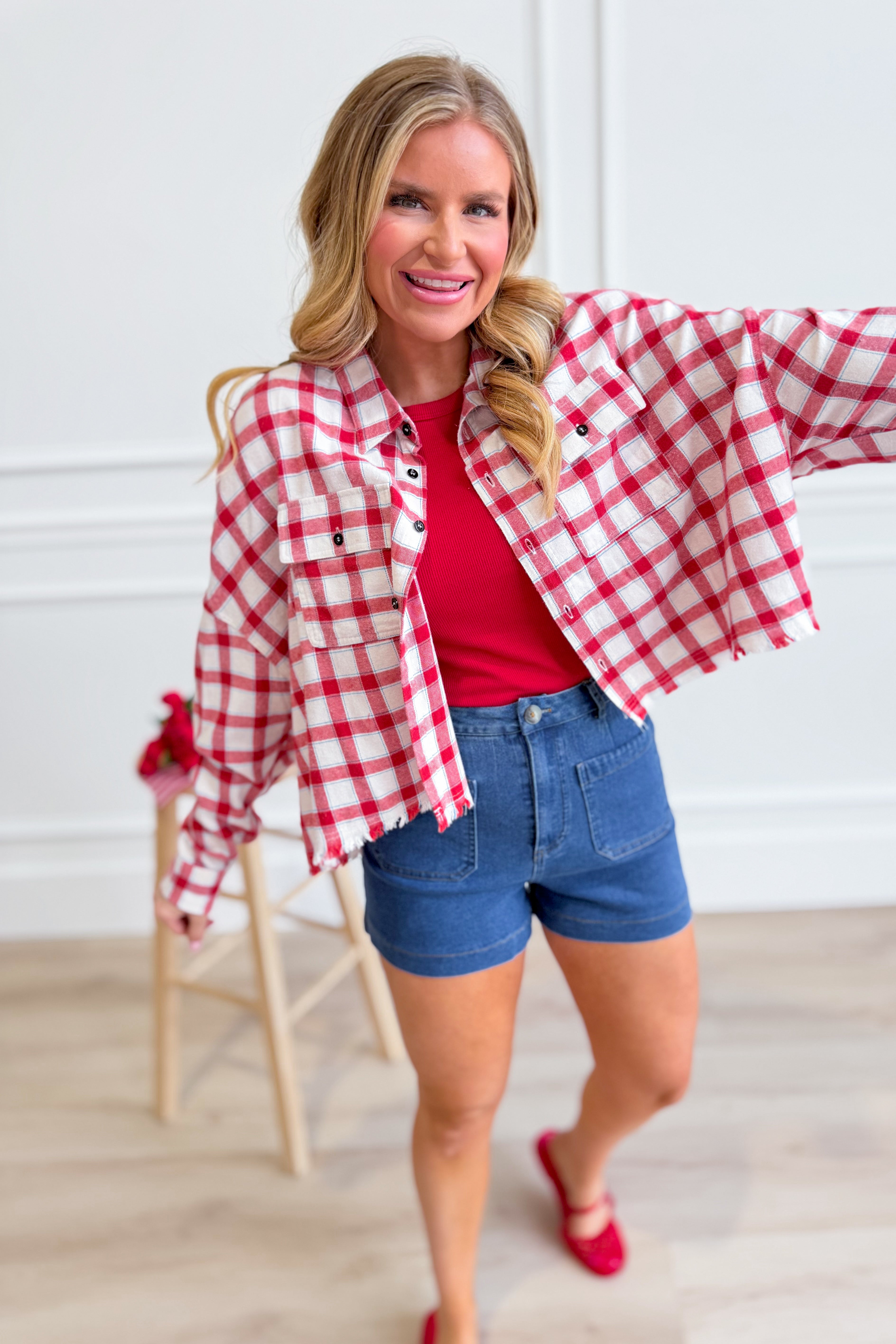 Robin plaid button-down frayed top from BUCKET LIST, casual 105 top with a relaxed fit and frayed hem detail.