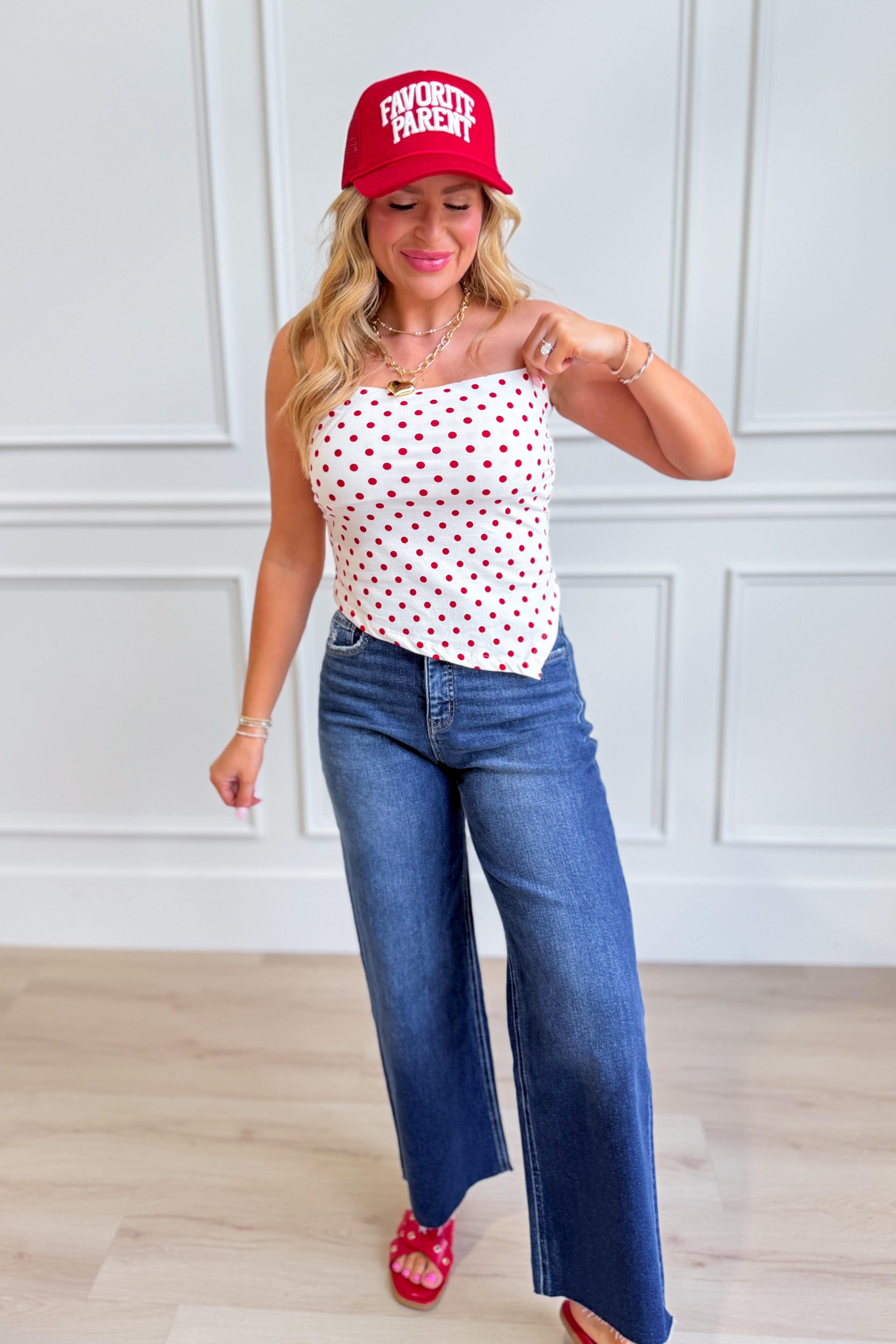 HYFVE Hannah white polka dot triangle tube top, stylish dressy crop top with polka dot pattern and triangle neckline.