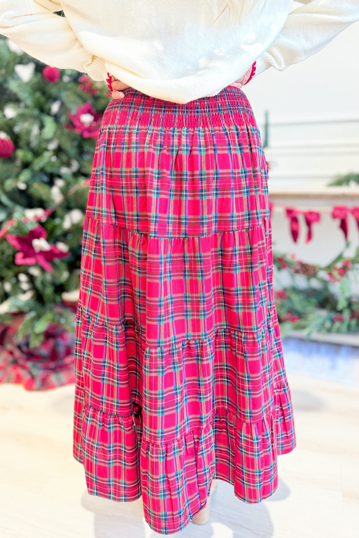 TWENTIFOURTH Sutton plaid tiered midi skirt with a flowing, layered design and a classic plaid pattern.