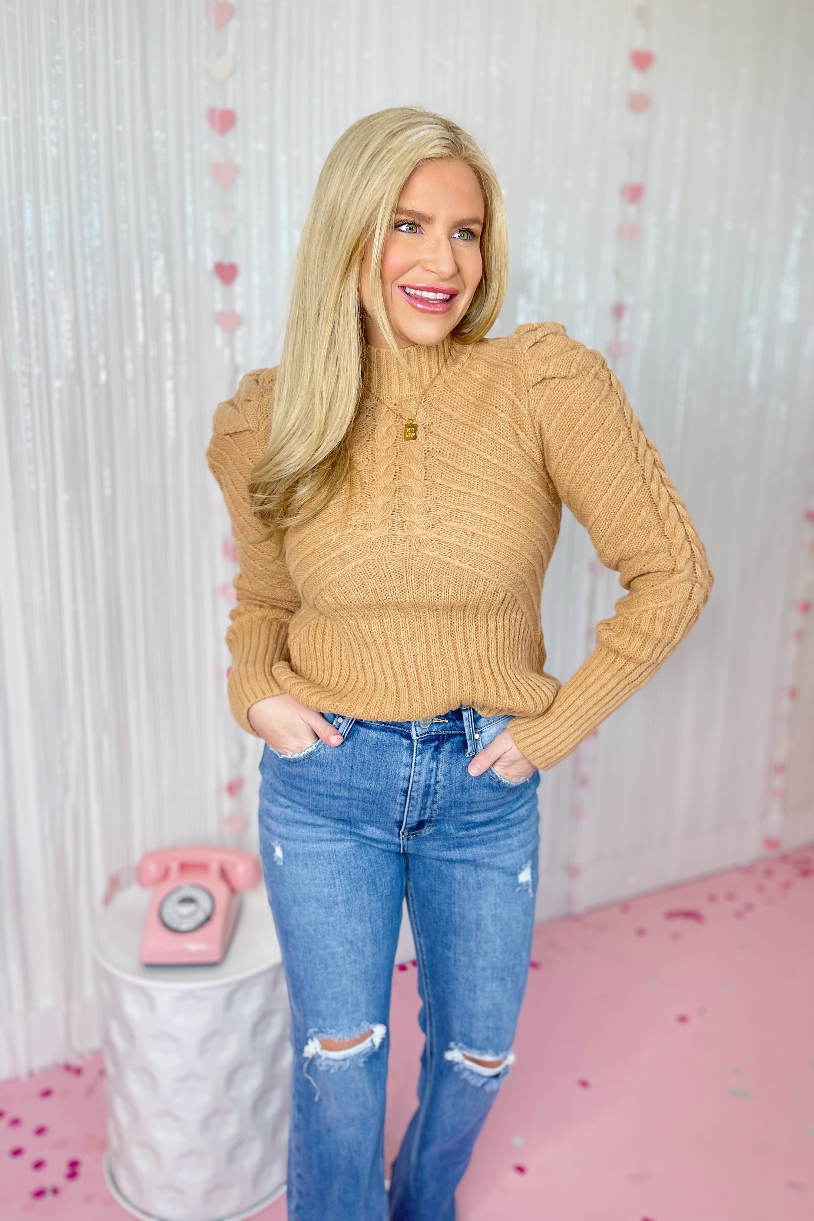 Darrin Mock Neck Puff Shoulder Sweater - Be You Boutique