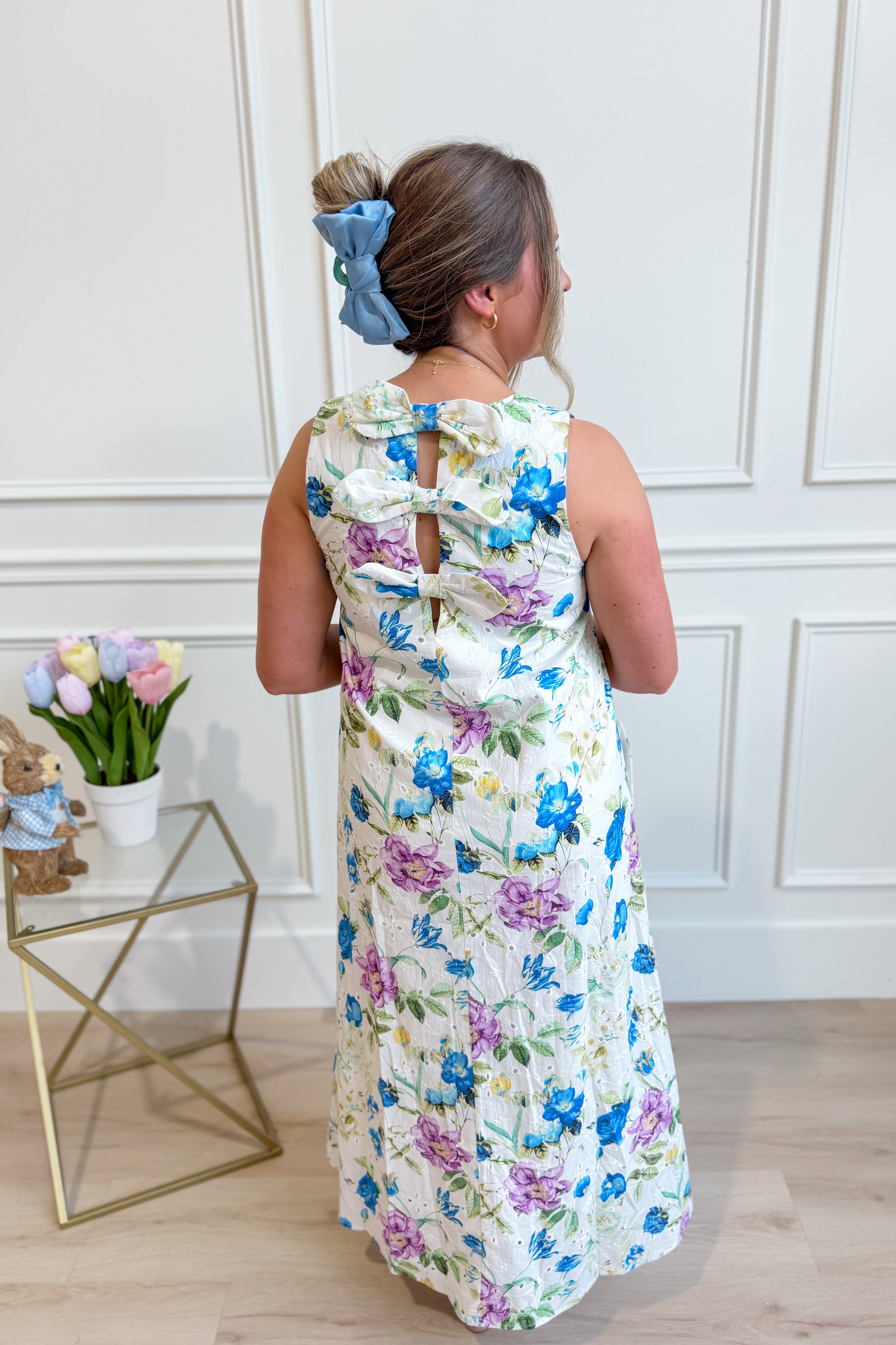 ENTRO Zoe blue botanical floral midi dress with a flowy silhouette, perfect for dressy occasions and spring outings.