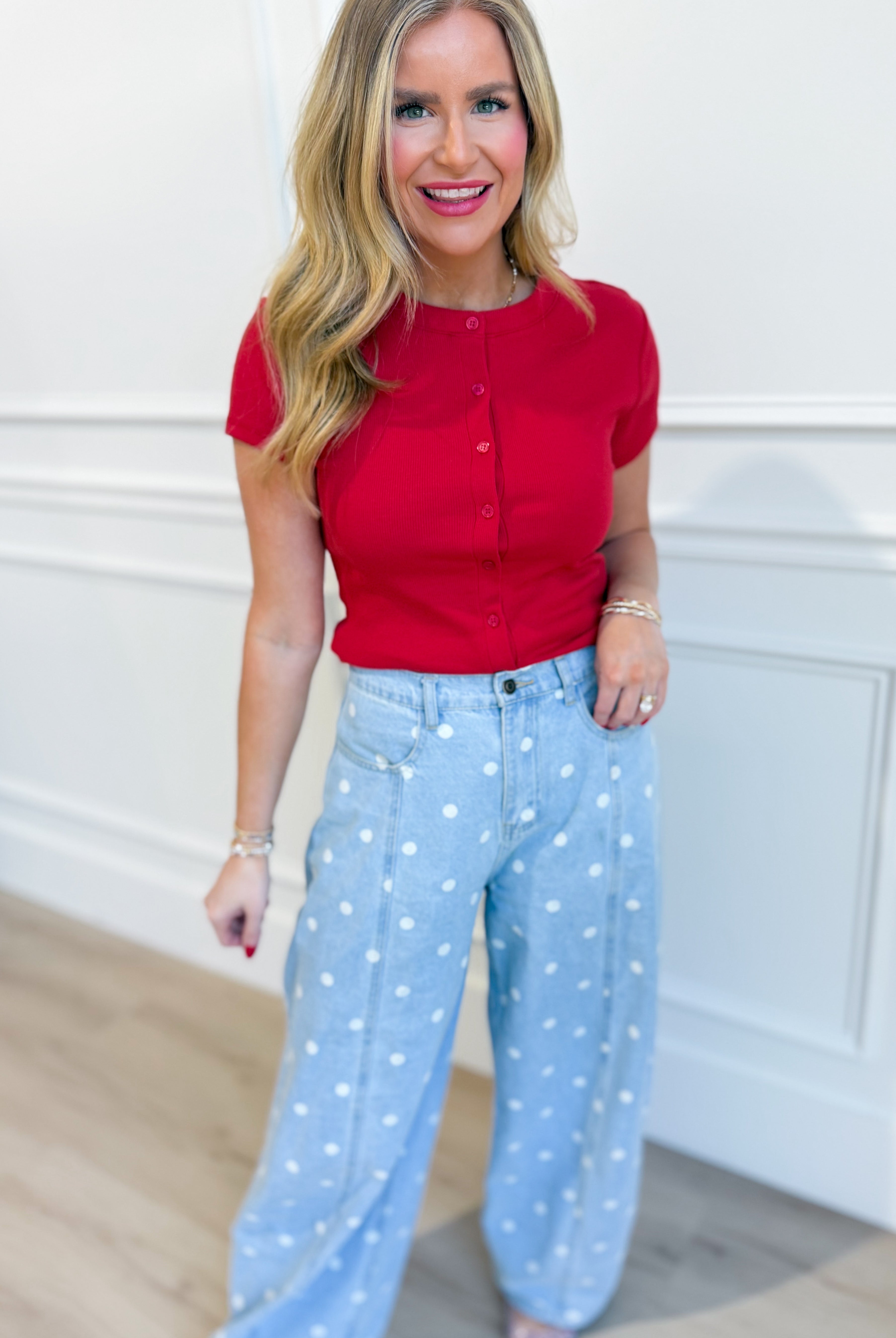 Ruth red ribbed button-up top by HYFVE, casual 105 top with fitted style and front buttons, shown on a model.