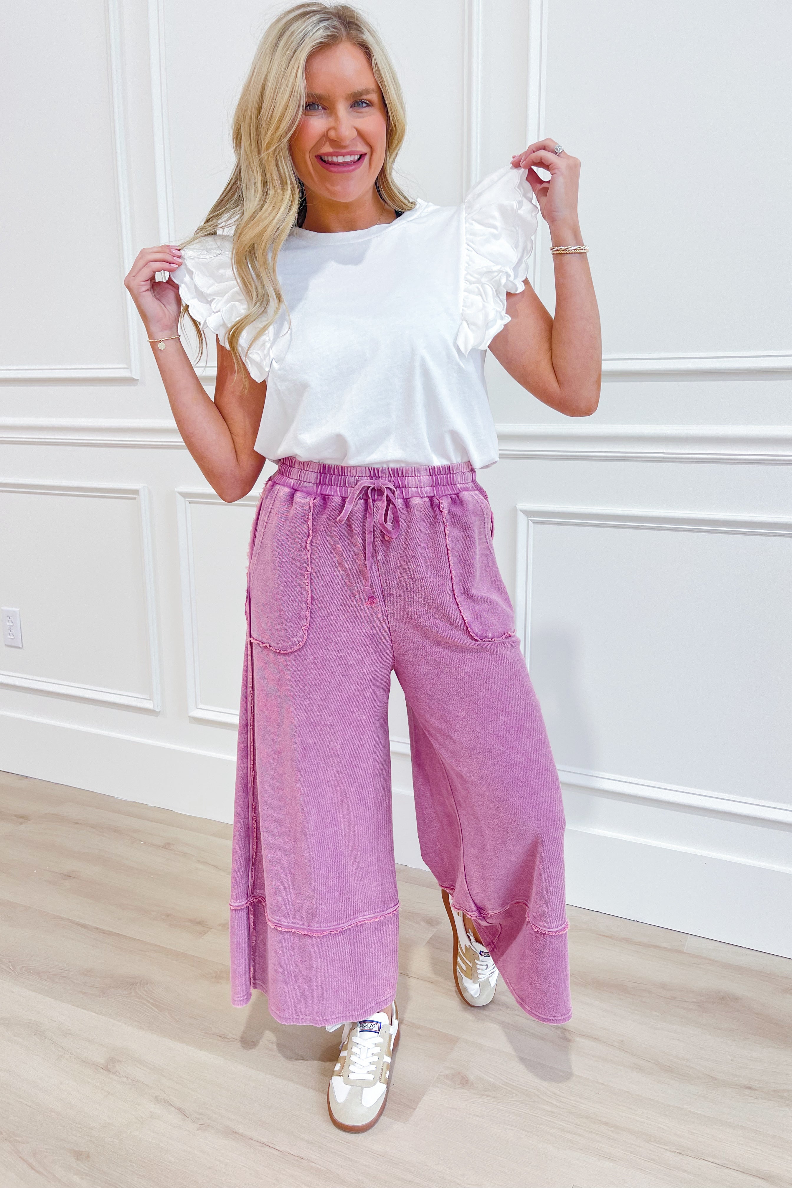 EASEL Caris Mineral Washed Upside Down Terry Knit Wide Leg Palazzo Pants in various sizes, featuring a relaxed fit and wide leg style.