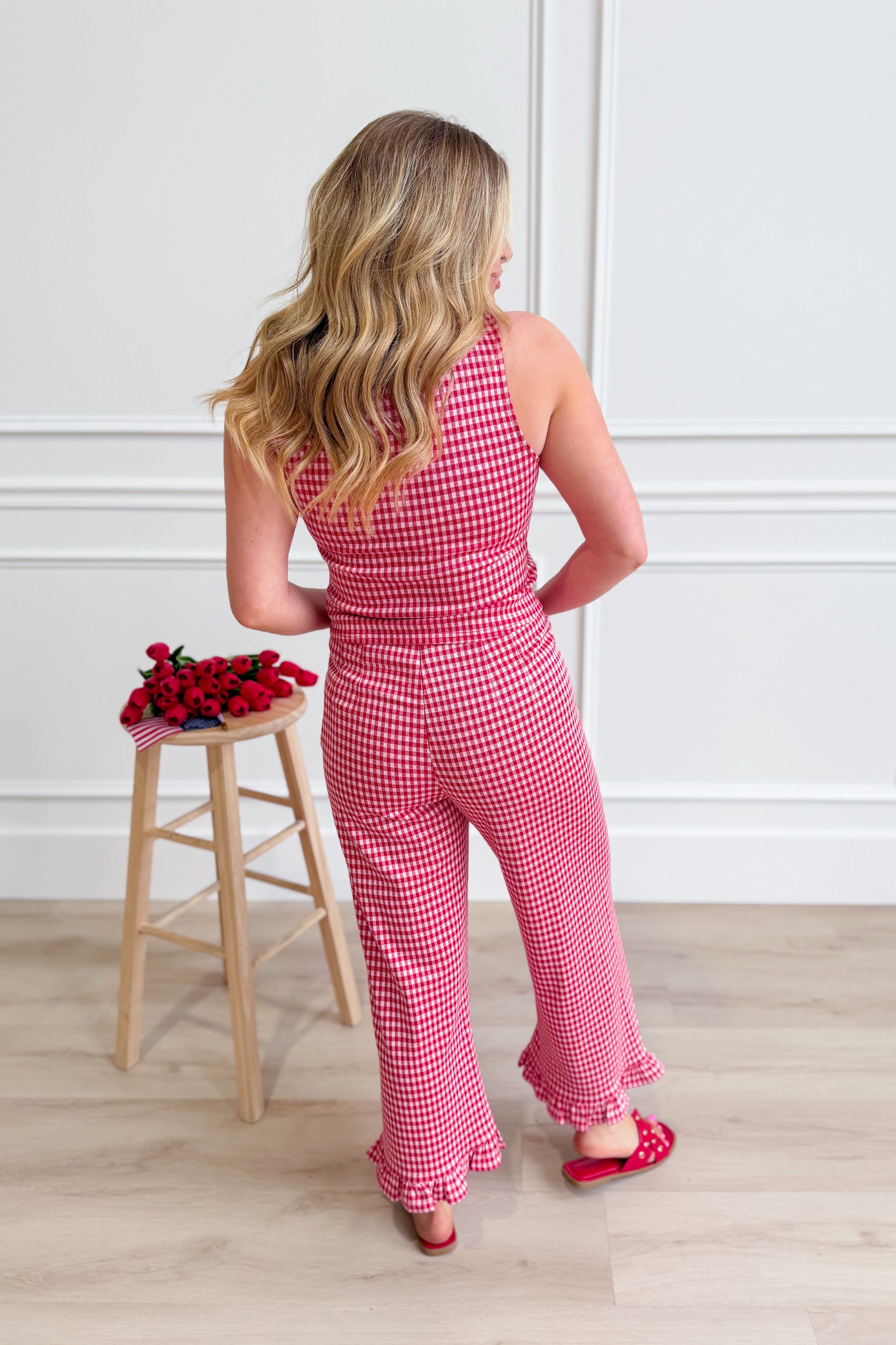 EE:SOME Mary Gingham Printed Top, a stylish 110 dressy blouse with classic gingham pattern and lightweight fabric.