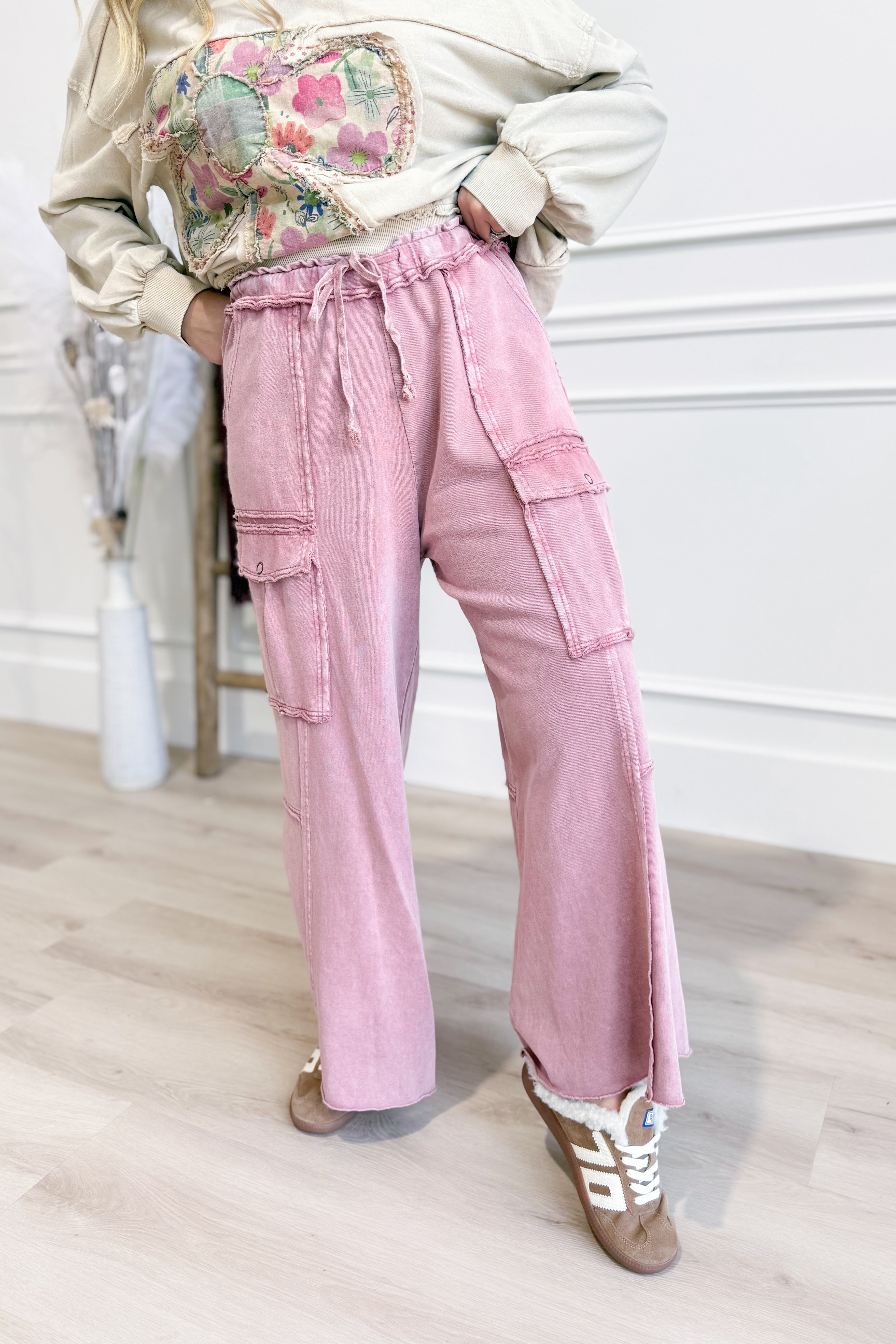 EASEL Mateo Mineral Washed Wide Leg Cargo Pants in olive green, featuring relaxed fit with multiple cargo pockets, available in S-3X.