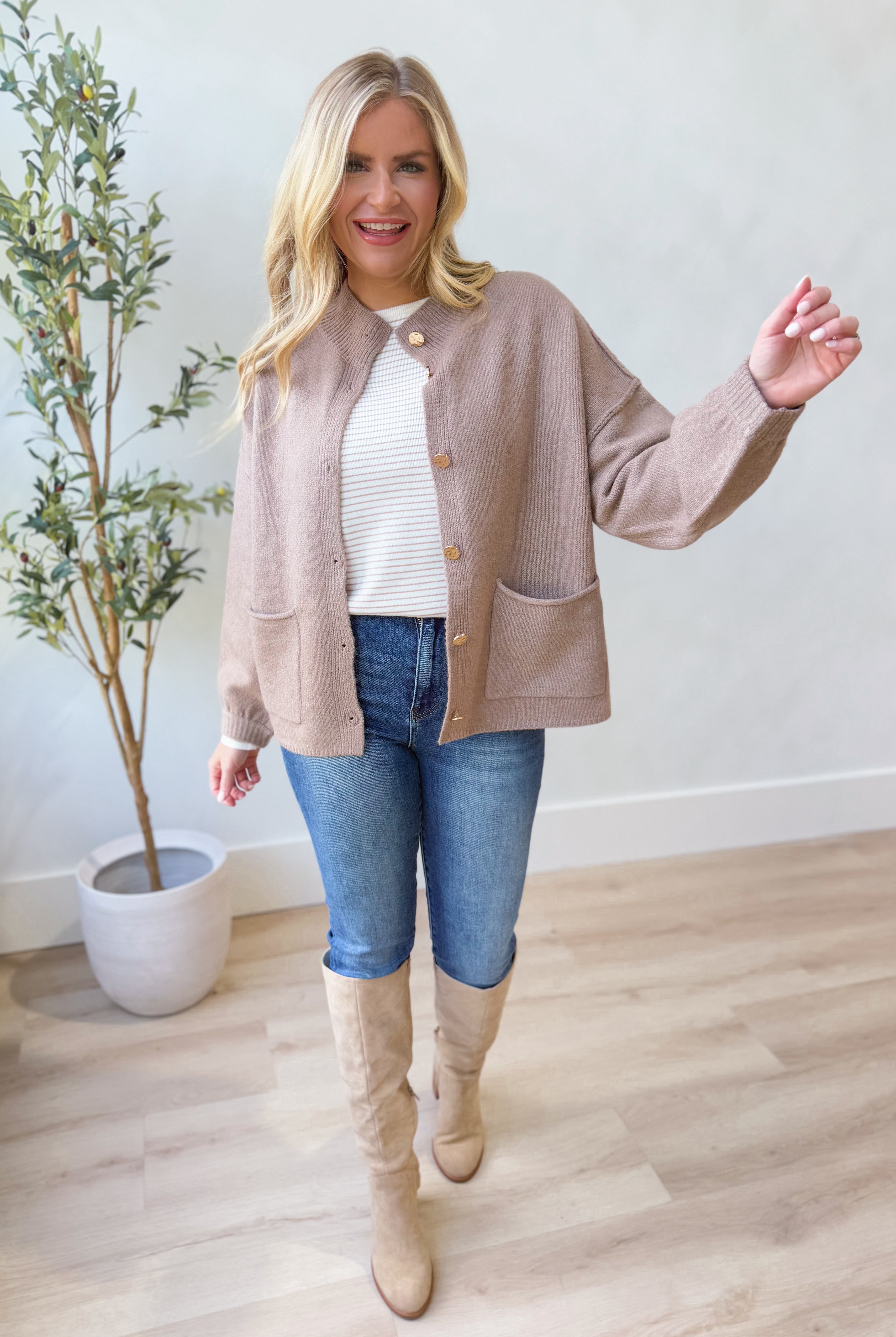 Kris Long Sleeve Gold Hammered Button Cardigan - Be You Boutique