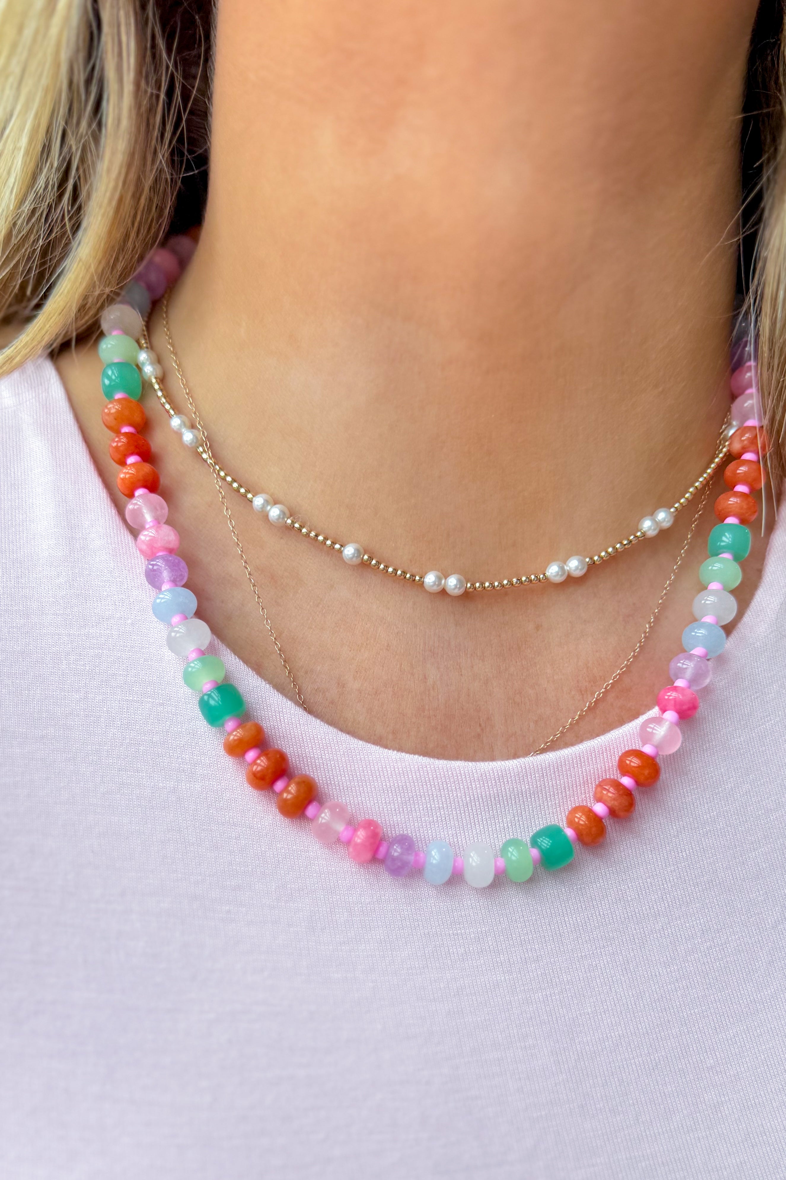 Treasure Jewels pastel gemstone necklace featuring colorful round gemstones on a delicate chain, elegant jewelry accessory.