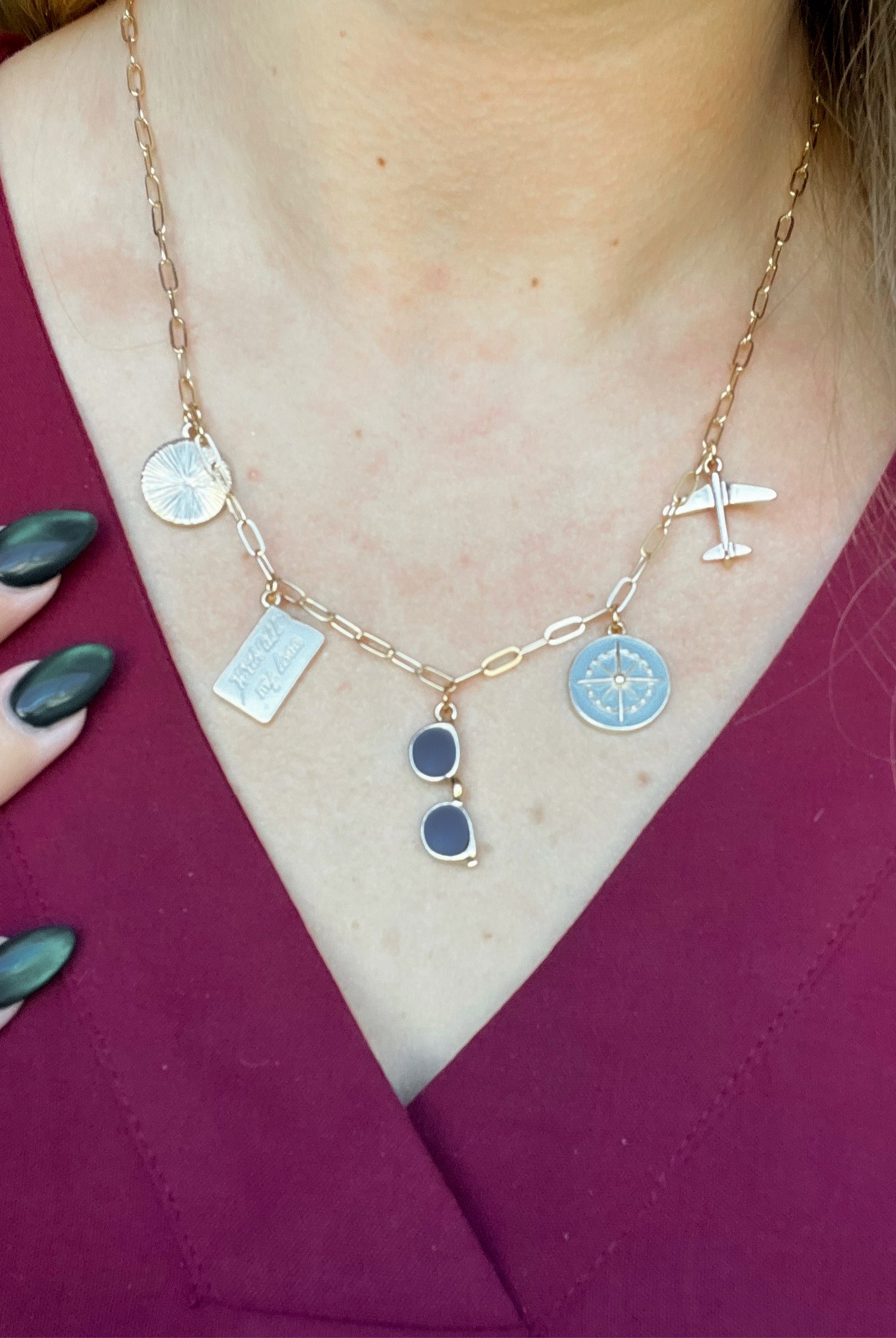 Charm Necklace ~ Gold "Travel" Sunglasses / Airplane Charm Necklace - Be You Boutique