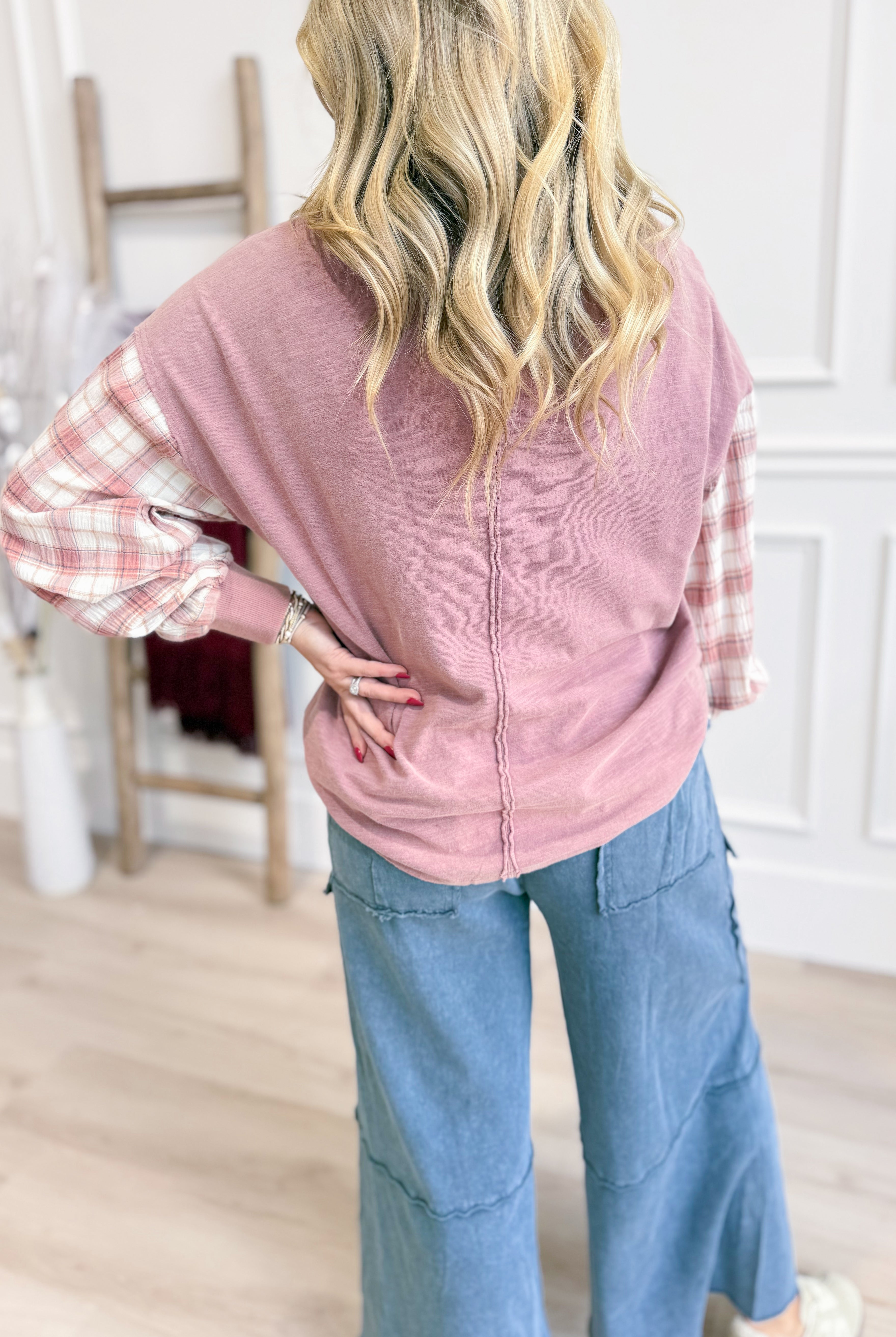 Sonya Plaid Sleeve Flower Patch Top - Be You Boutique