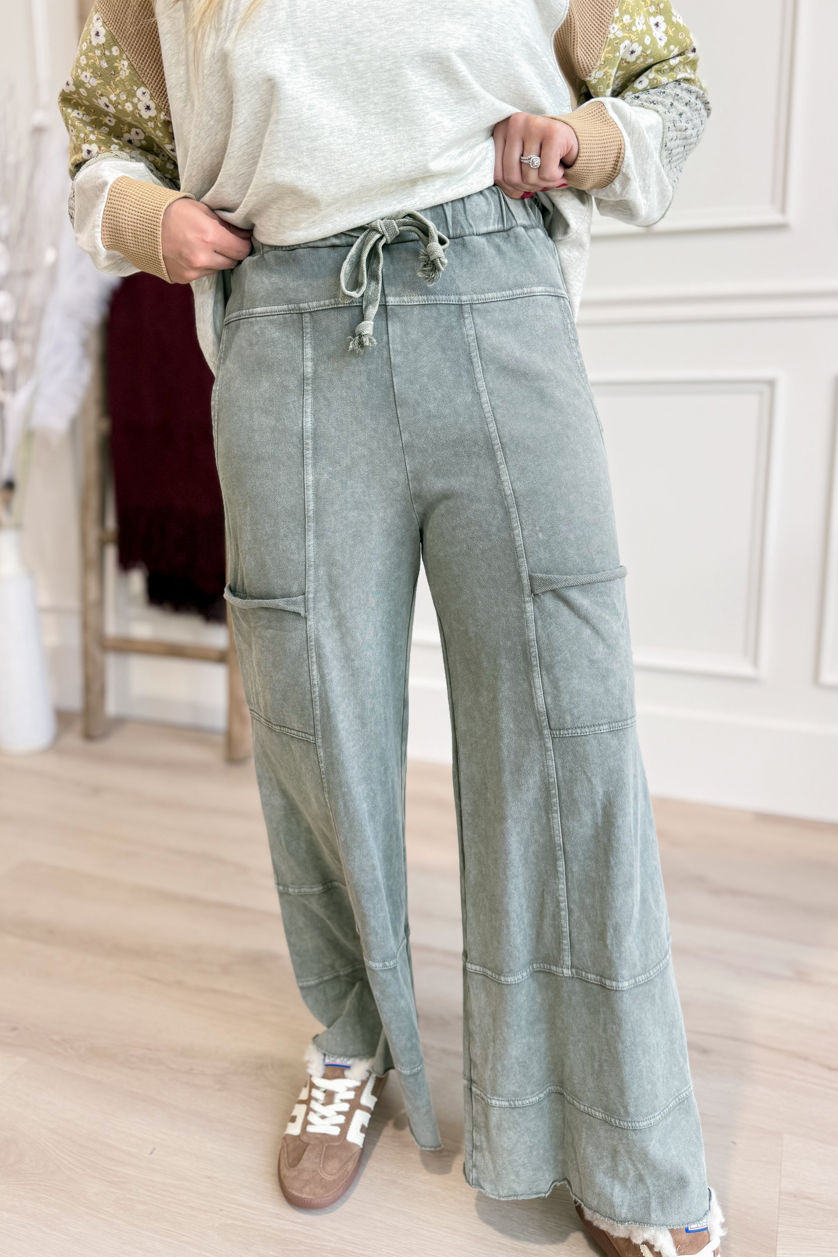 EASEL Bradley mineral washed terry knit wide-leg pants in beige, featuring relaxed fit and wide leg design, size S to 3X