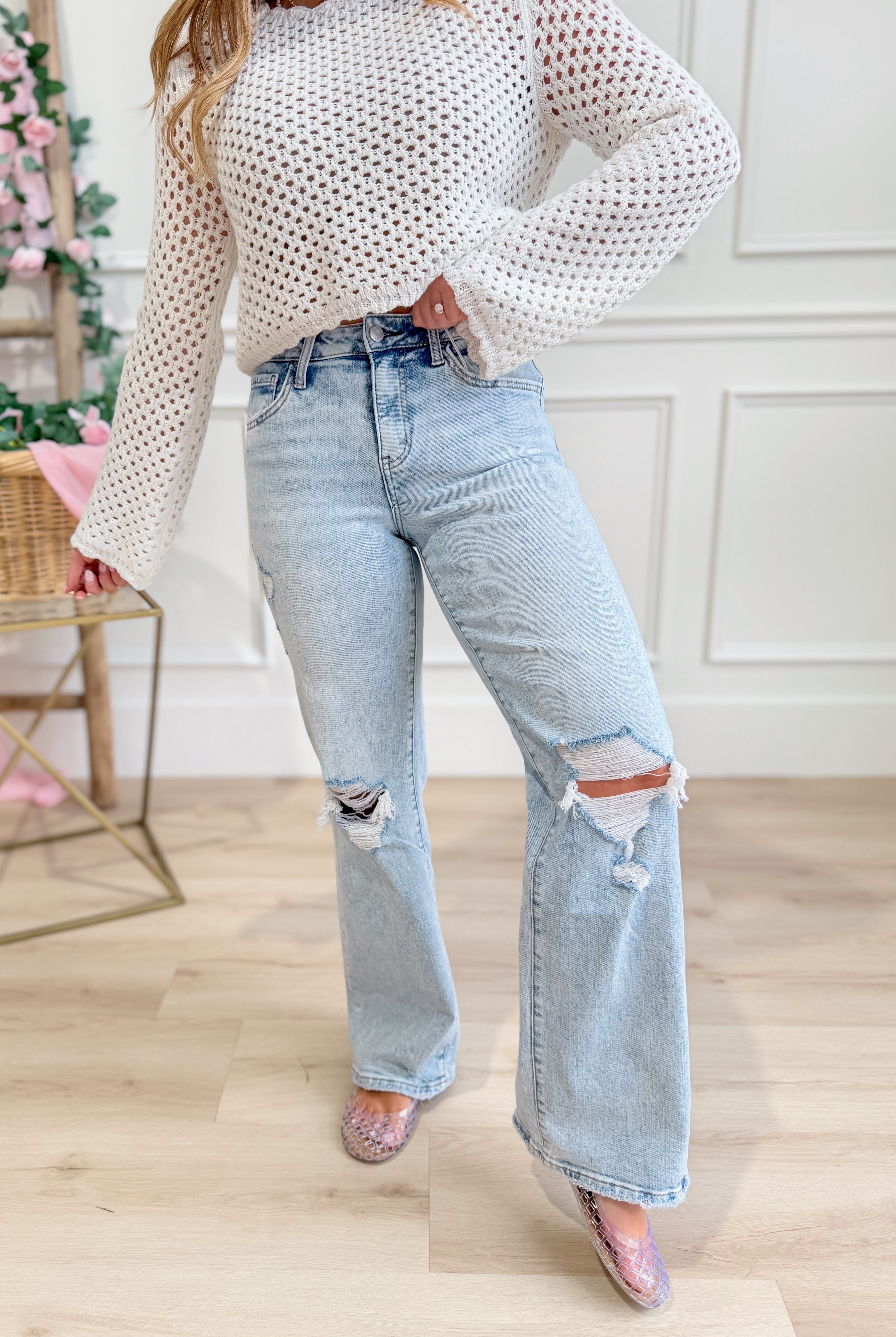 Vervet Slick High Rise Vintage Wide Leg Jean from 146 Core Jeans, shown on a model with a light wash and relaxed fit.