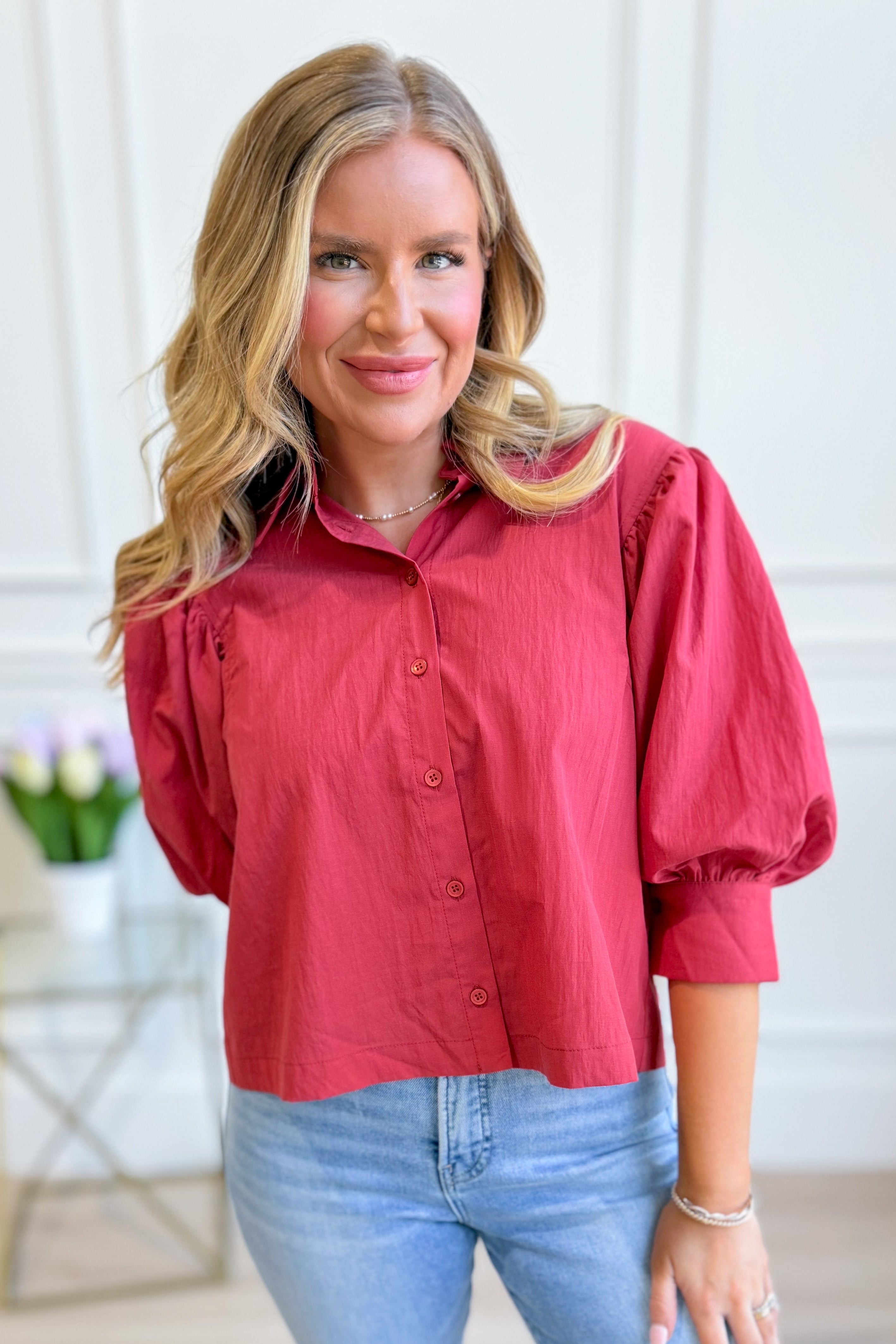 EE:SOME Tonya solid puff sleeve button-down top, stylish dressy blouse with puff sleeves and classic button closure.
