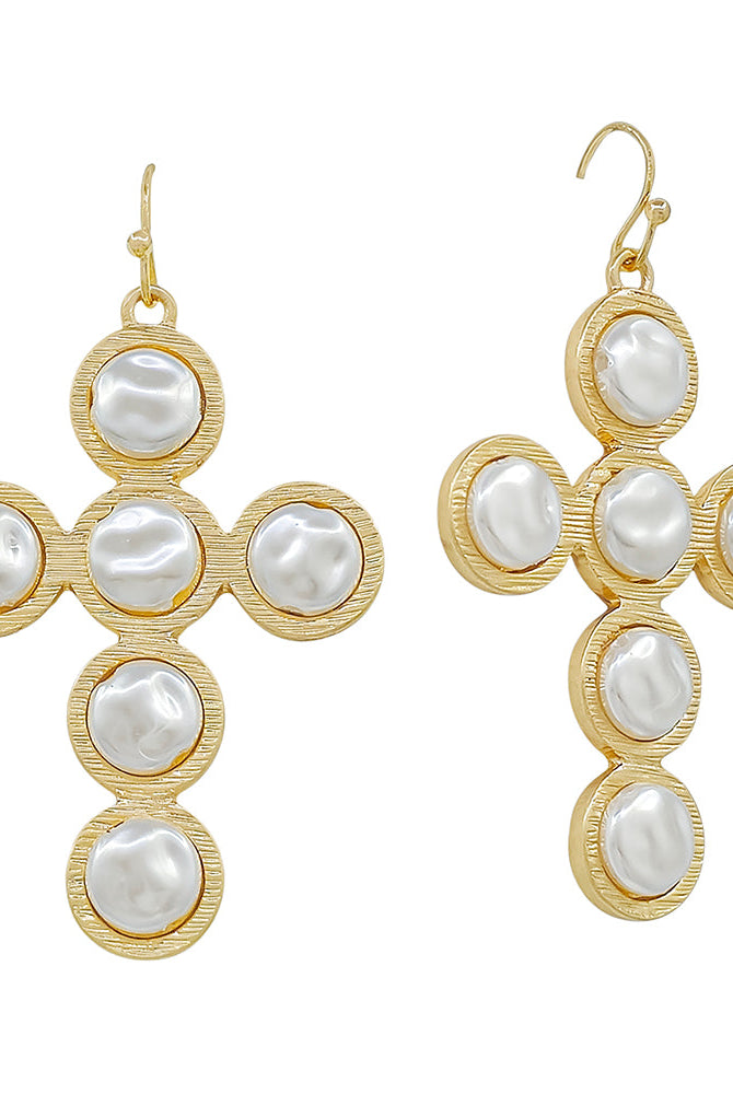 Gold Flat Coin Pearl Cross Earring - Be You Boutique