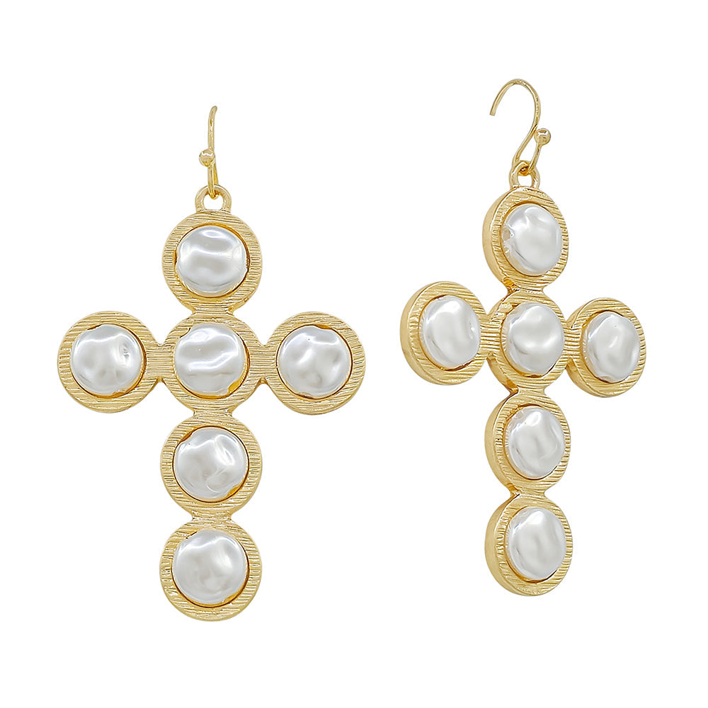 Gold Flat Coin Pearl Cross Earring - Be You Boutique