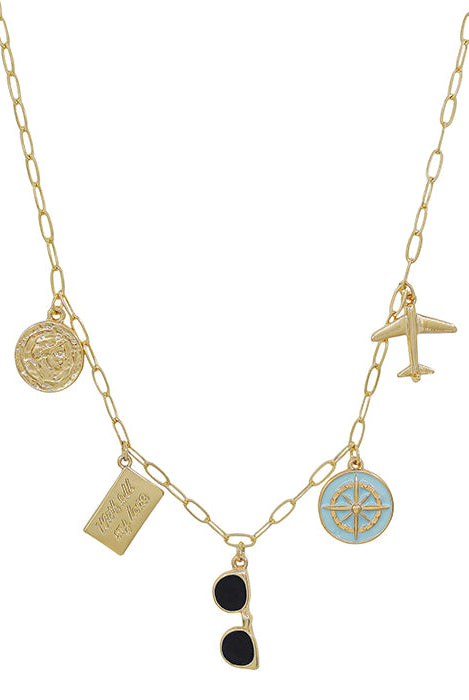 Charm Necklace ~ Gold "Travel" Sunglasses / Airplane Charm Necklace - Be You Boutique