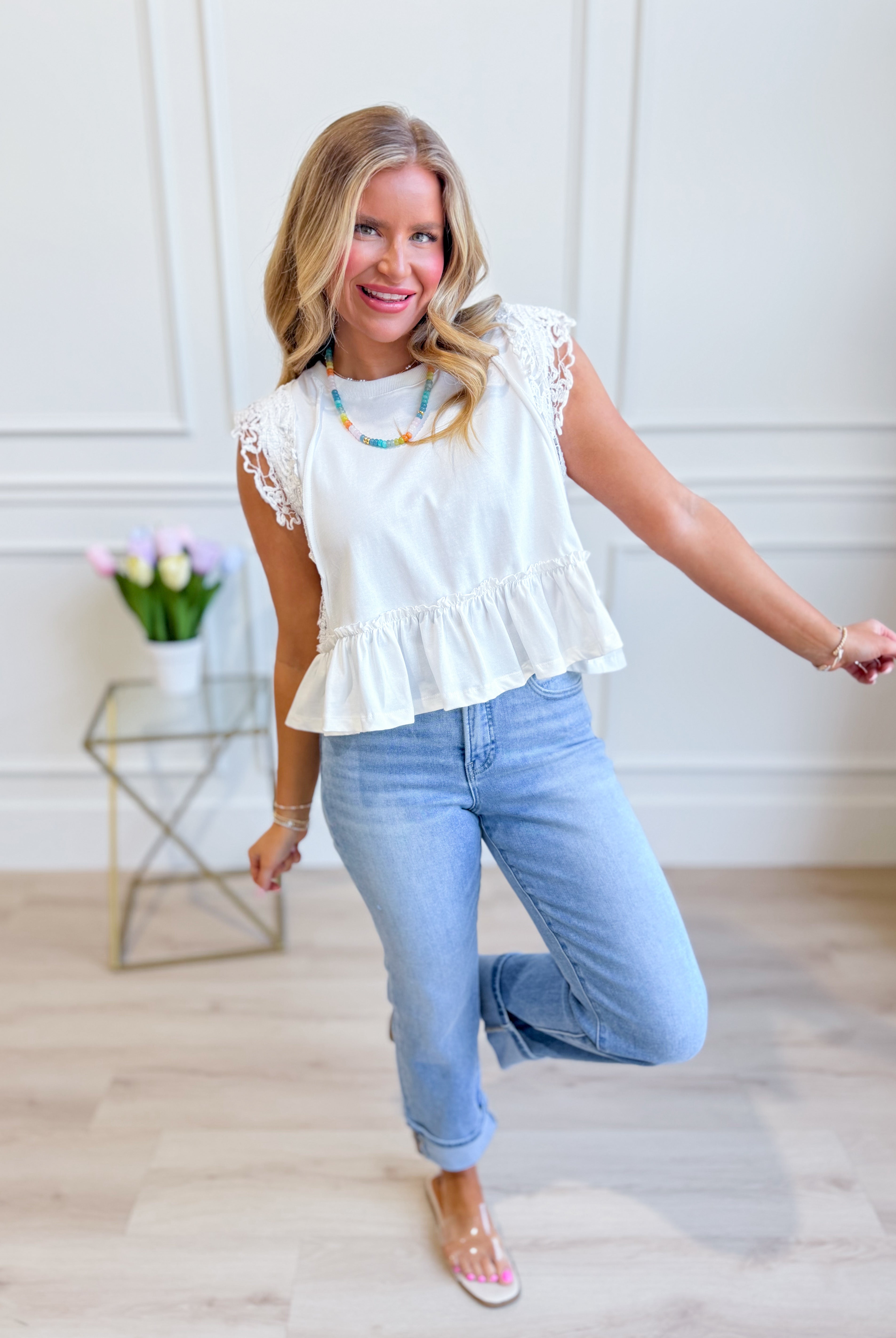 EE:SOME Tracey Side Lace Trim Ruffle Top, casual 105 top with lace accents and feminine ruffle details.