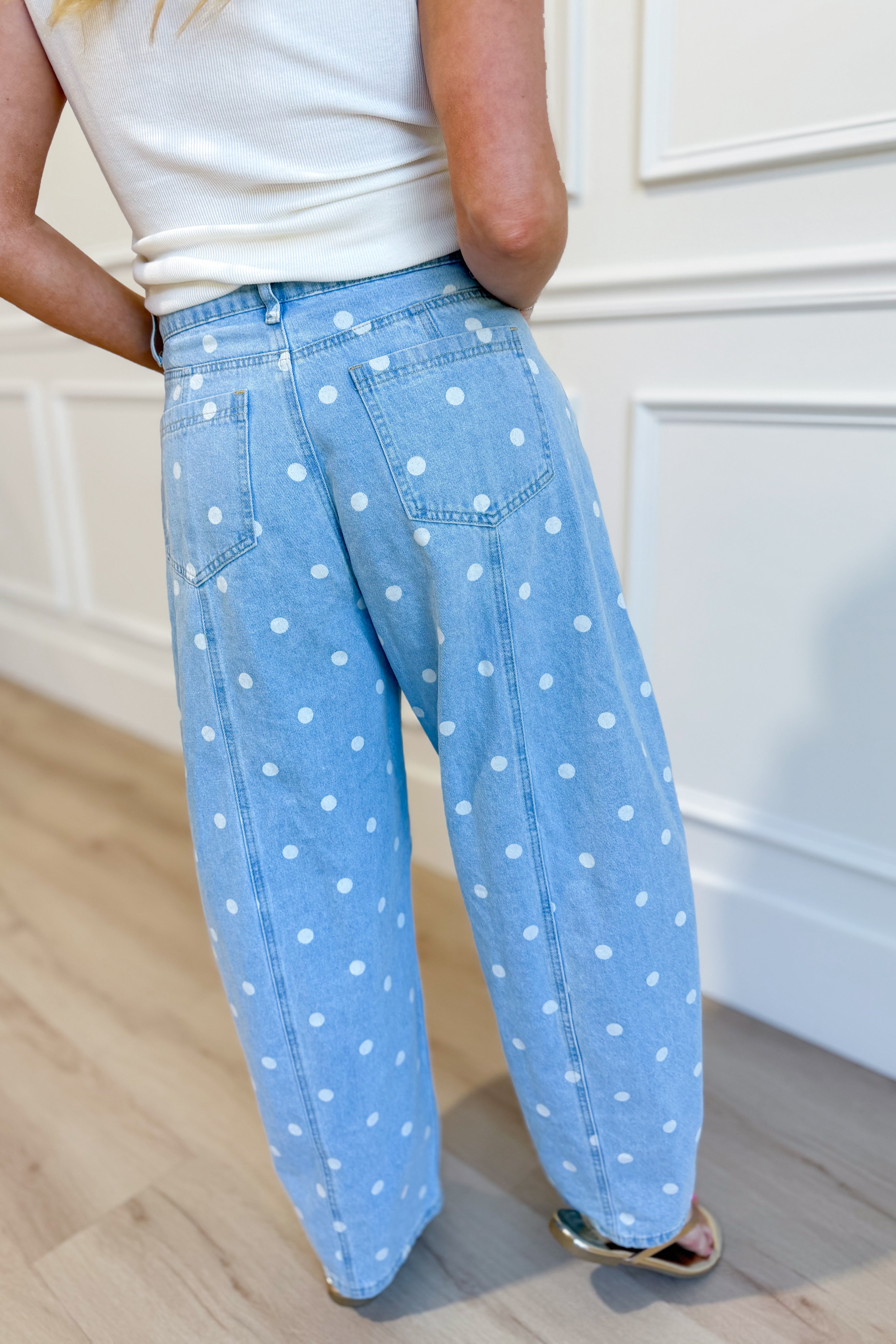 Peach Love Cupid Polka Dot Barrel Jean from 147 Novelty Jeans collection, featuring classic denim with playful polka dot pattern.