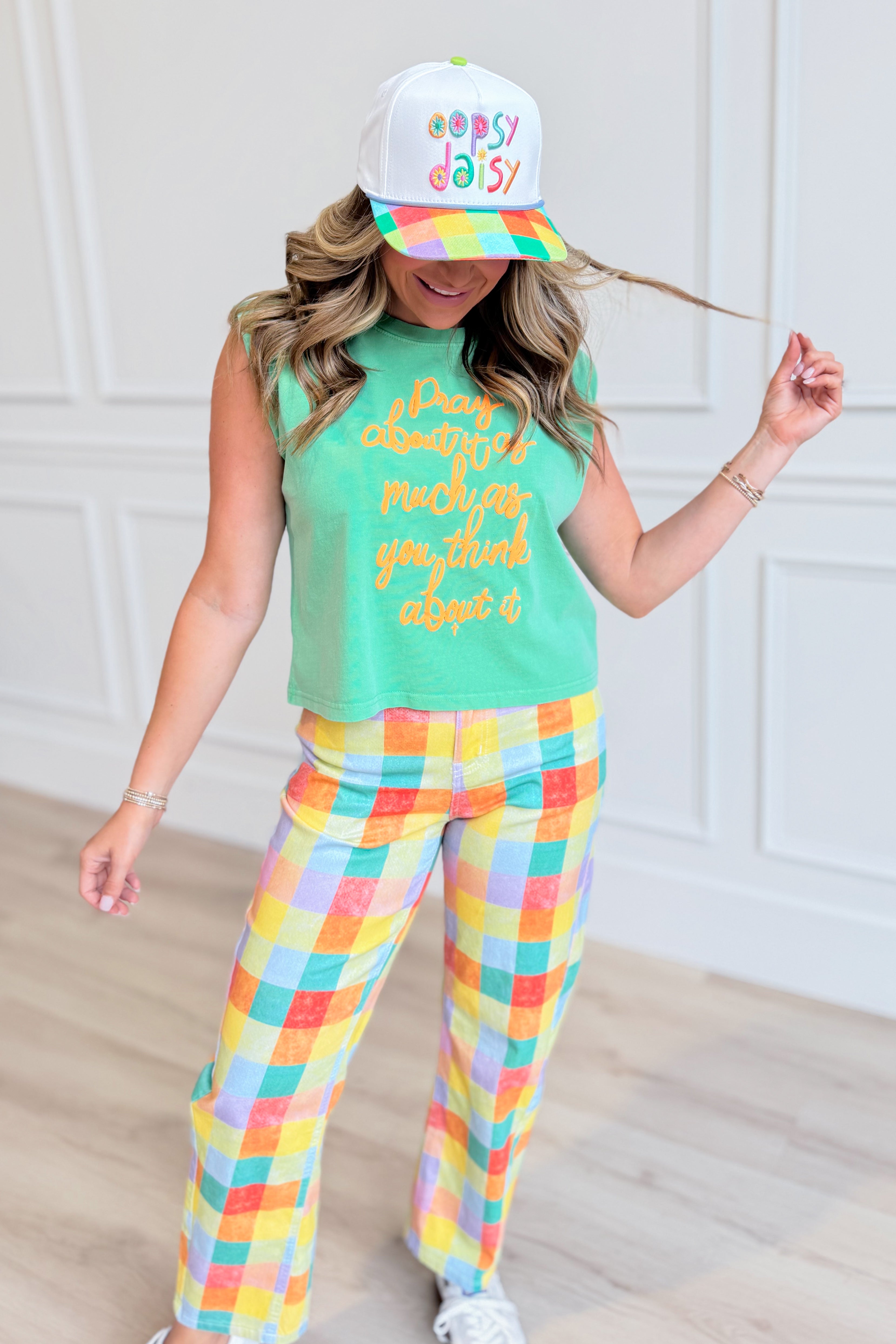 Pink Pray About It tank top from POPPY & PINE's 117 Graphic Tees collection, featuring bold black text and a relaxed fit.