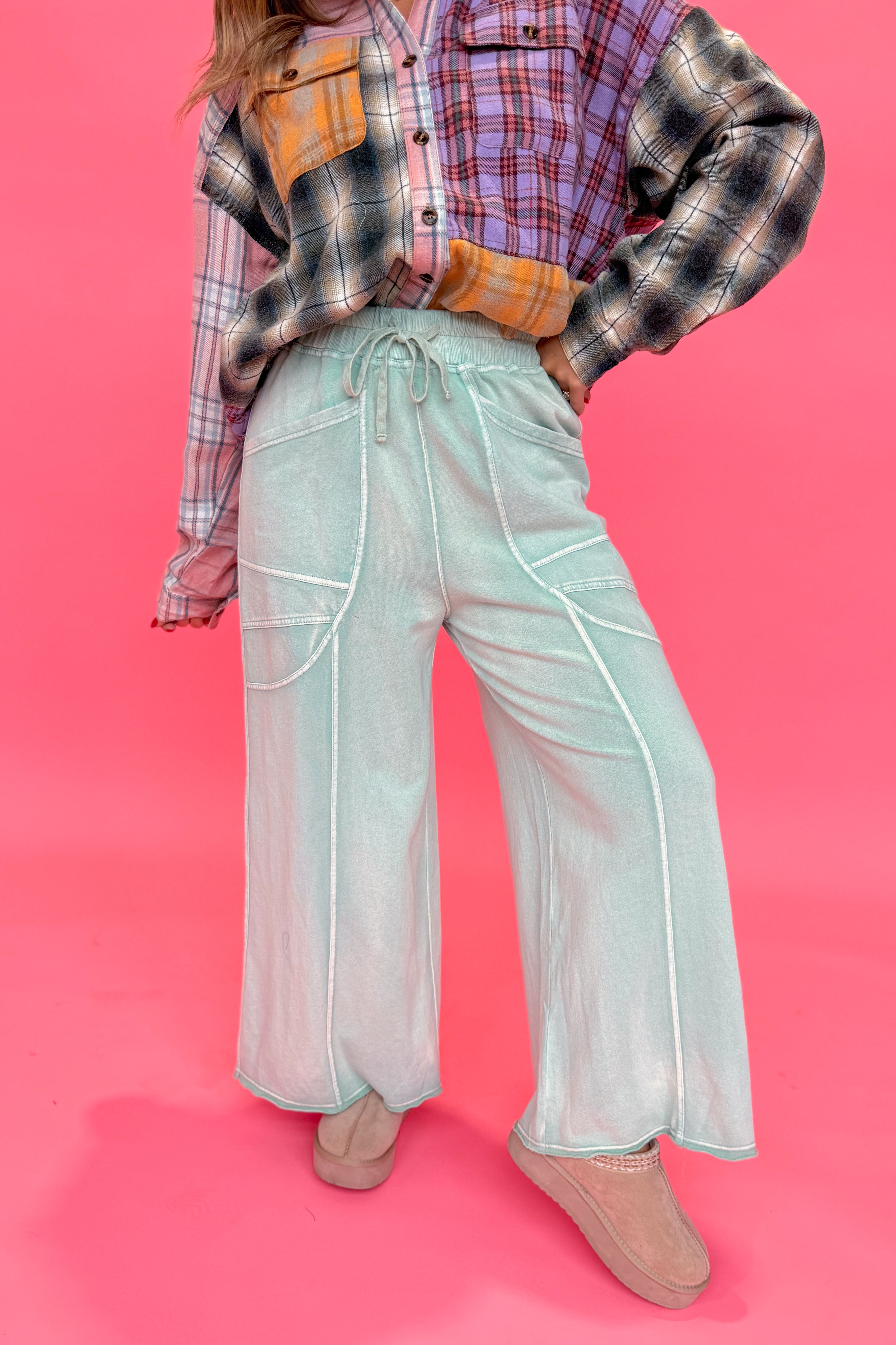 EASEL Luke Washed Terry Knit Wide Leg Pants in beige, showing relaxed fit and soft fabric on model.