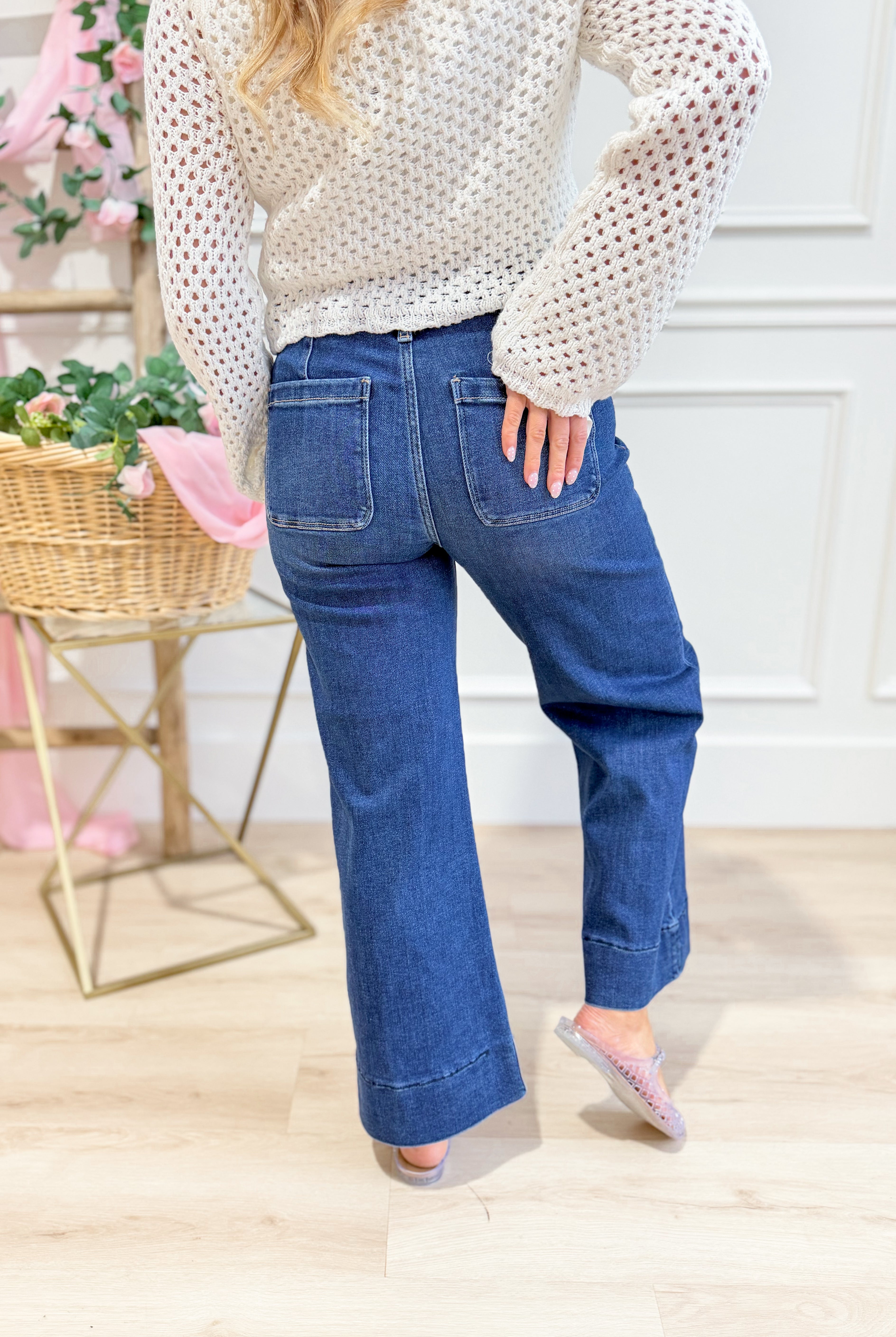 Risen Sam HR Patch Pocket Wide Leg Jeans in denim with front patch pockets, relaxed fit, and wide-leg style.
