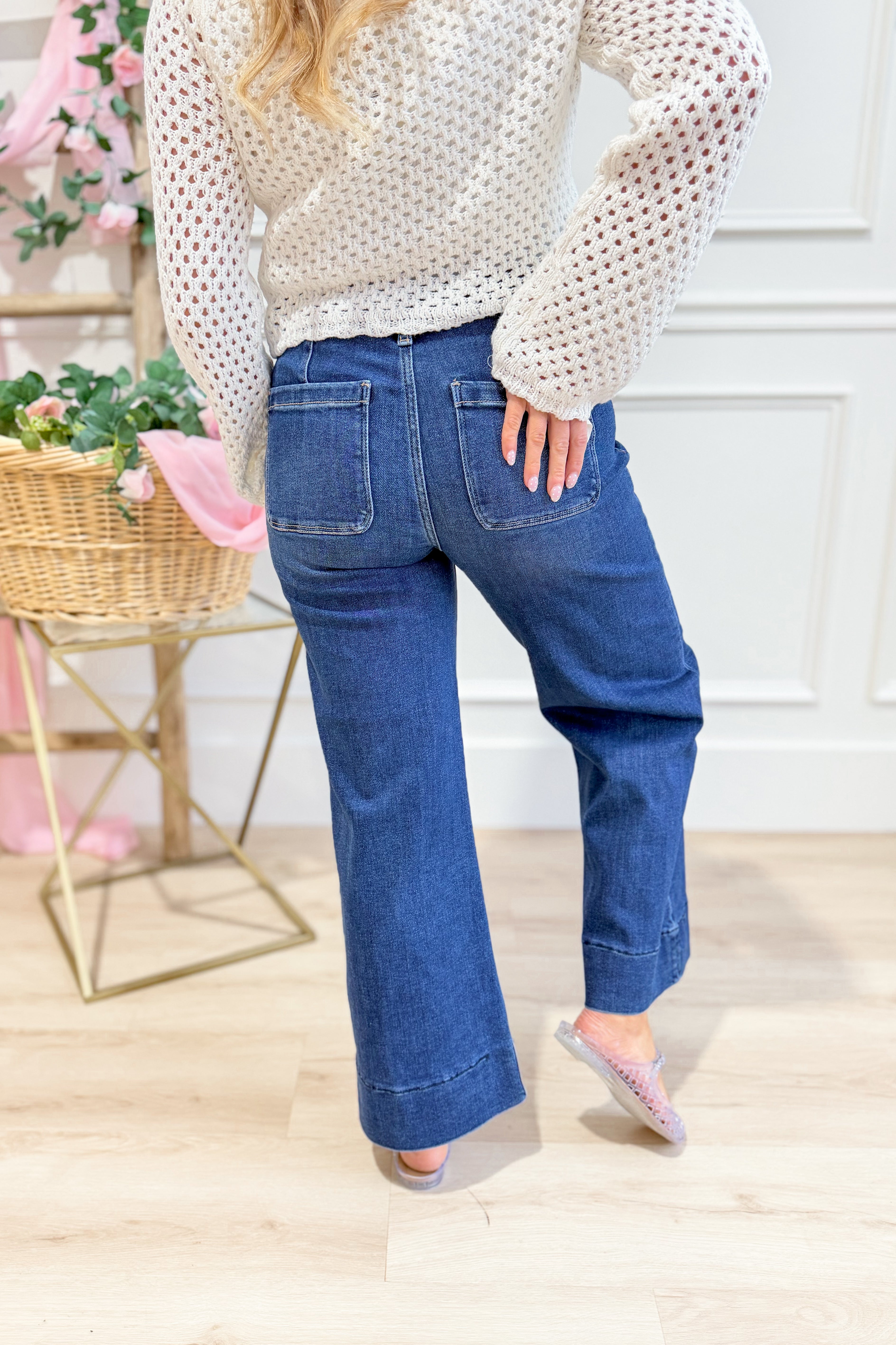 Risen Sam HR Patch Pocket Wide Leg Jeans in denim with front patch pockets, relaxed fit, and wide-leg style.