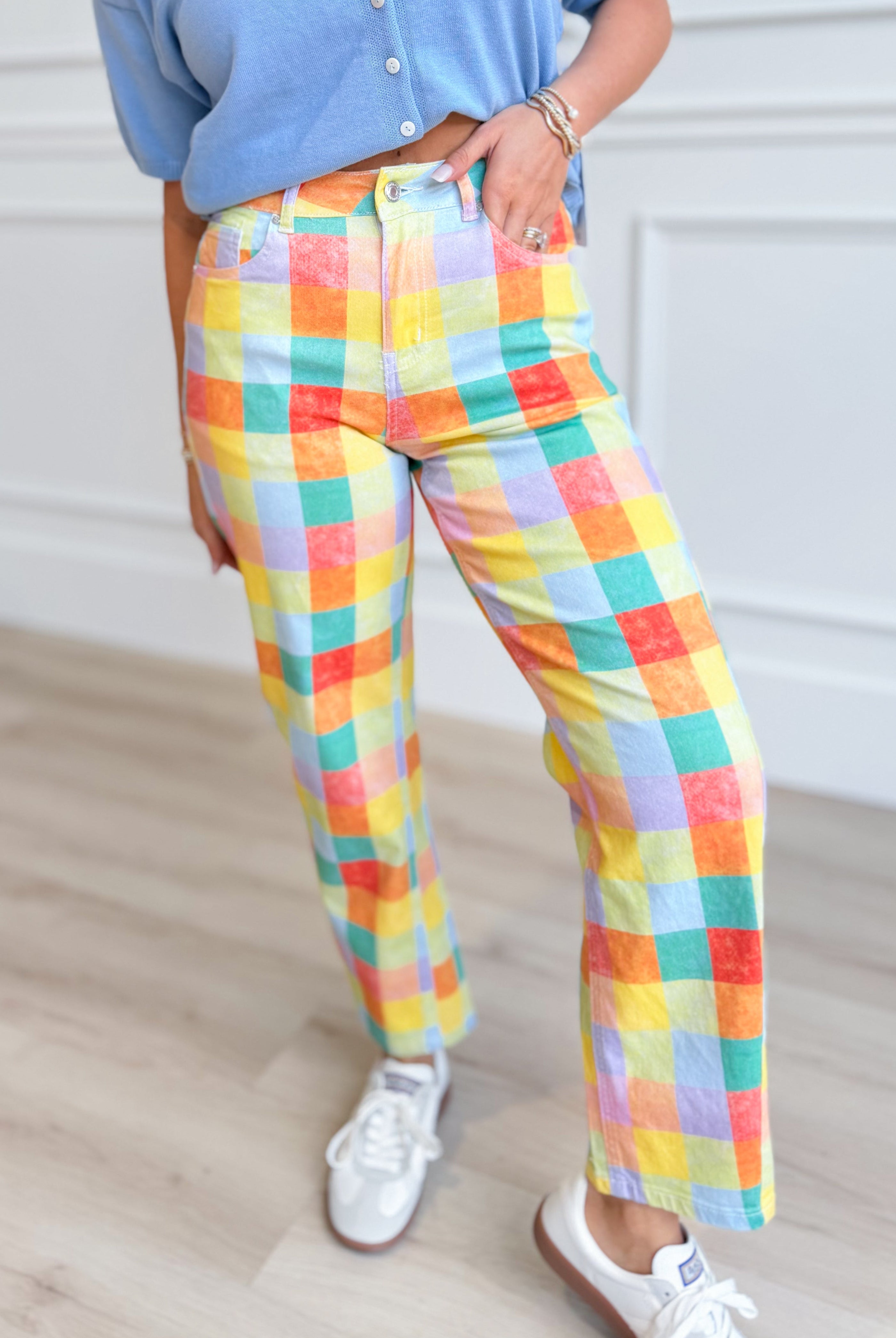 Madras plaid barrel jeans by POPPY & PINE featuring a relaxed fit and classic 147 novelty denim style.