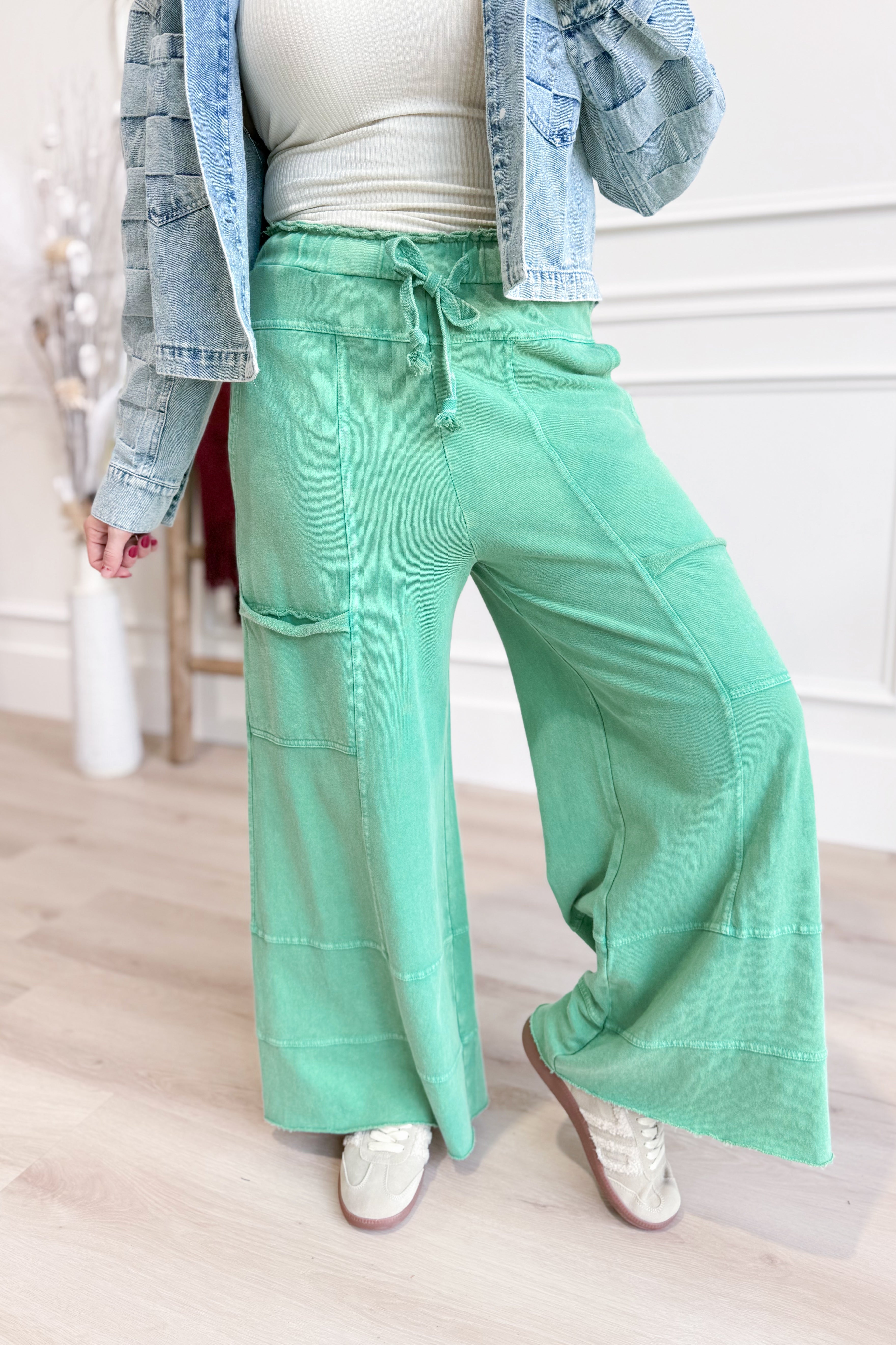 EASEL Bradley mineral washed terry knit wide-leg pants in neutral color, displayed flat with waistband and relaxed fit style.