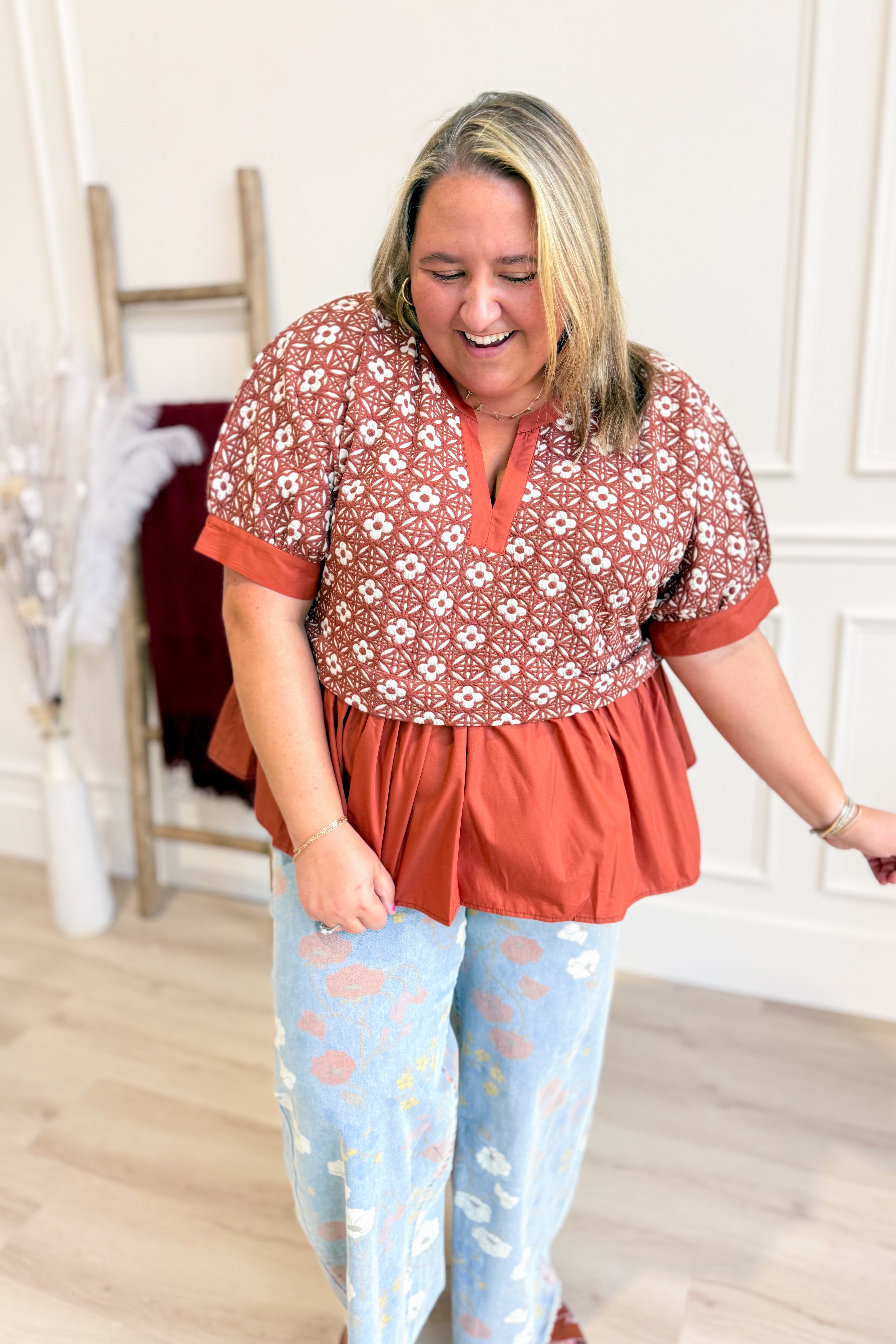 Francine Floral Jacquard Ruffle Hem Top - Be You Boutique