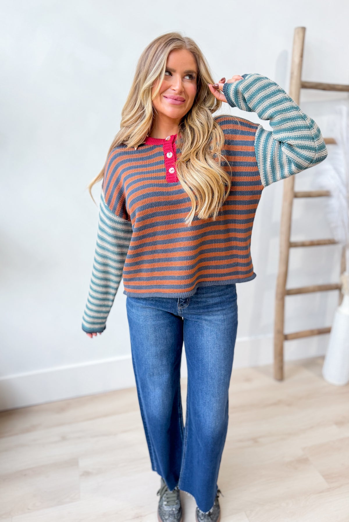 TWENTIFOURTH Tabby Striped Pullover Henley Top, casual 105 top with striped pattern and henley neckline, fitted on a model.