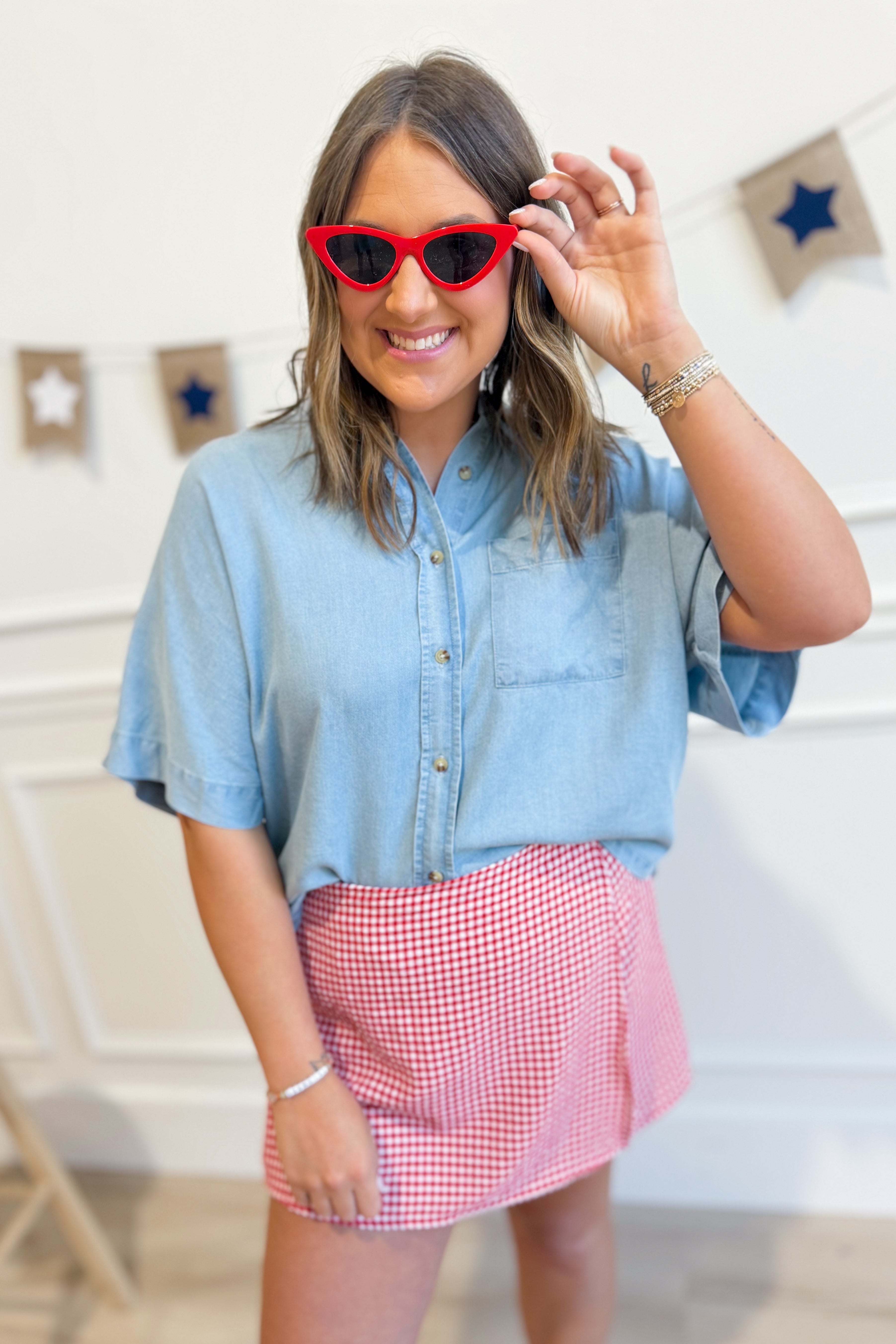 HYFVE Laurie button-up patch pocket shirt, casual women's top with front pockets, in a soft fabric, shown in a neutral color.