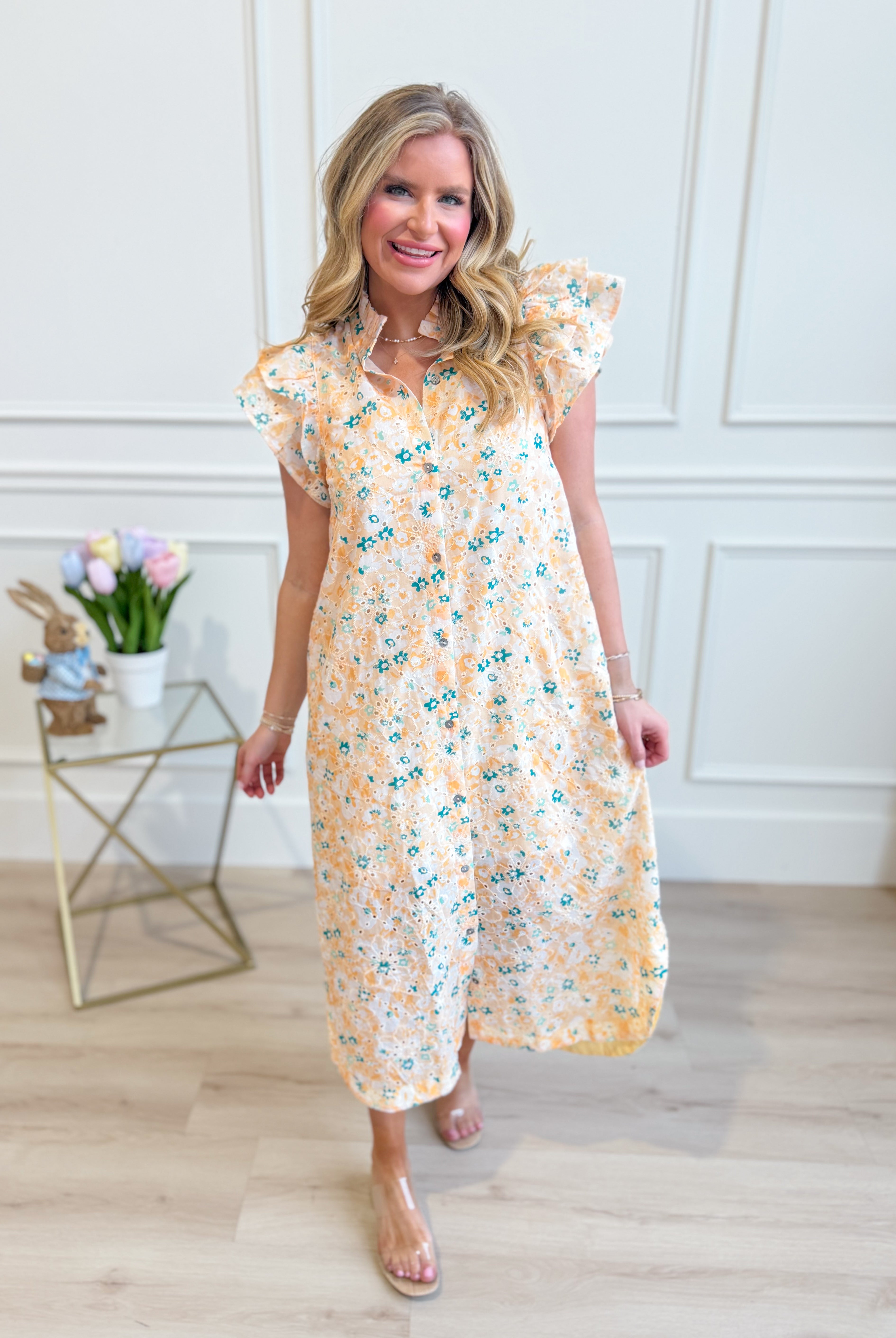 ENTRO Aubrey yellow floral flutter sleeve dress, 125 dressy dress with a vibrant floral pattern and lightweight fabric.