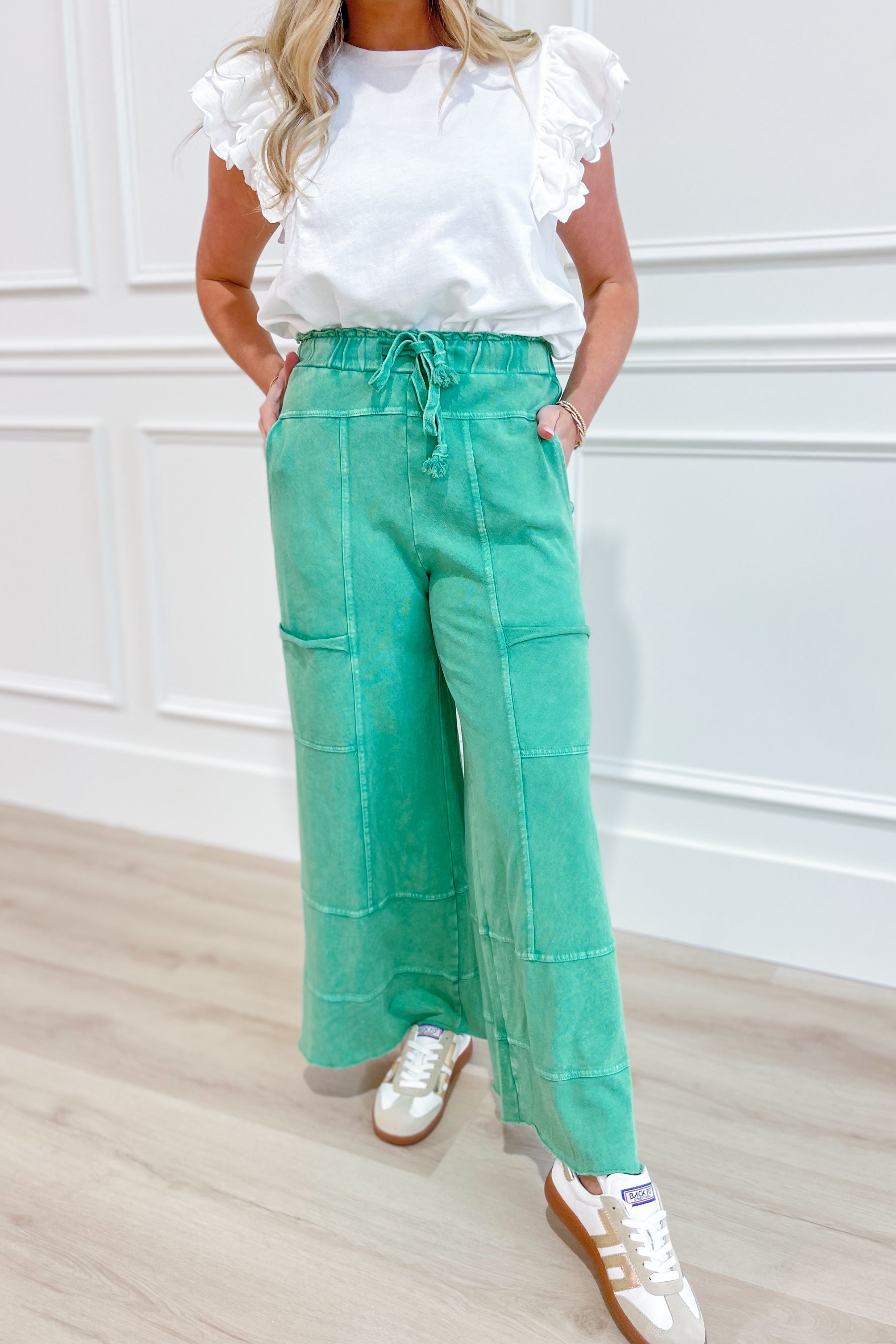 EASEL Bradley Mineral Washed Terry Knit Wide Leg Pants in neutral tone, relaxed fit, featuring wide legs and comfortable knit fabric.
