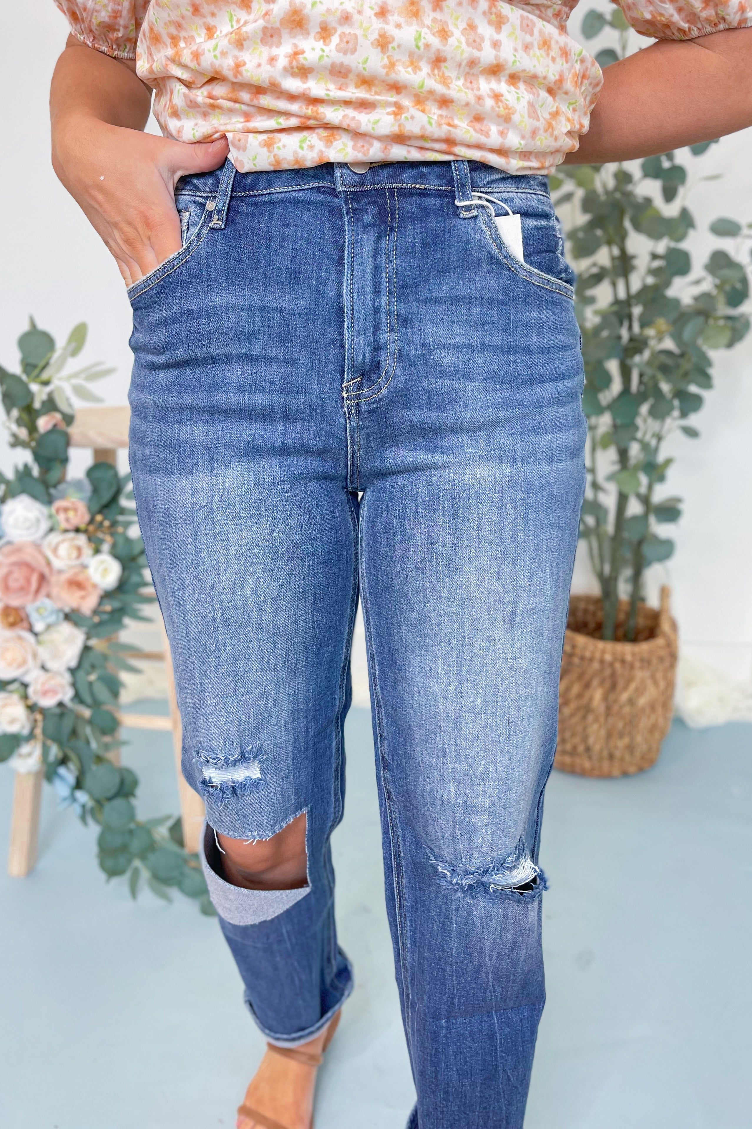 Risen Kendra high-rise distressed relaxed fit jeans with ripped details, made from 146 core denim fabric, relaxed casual style.