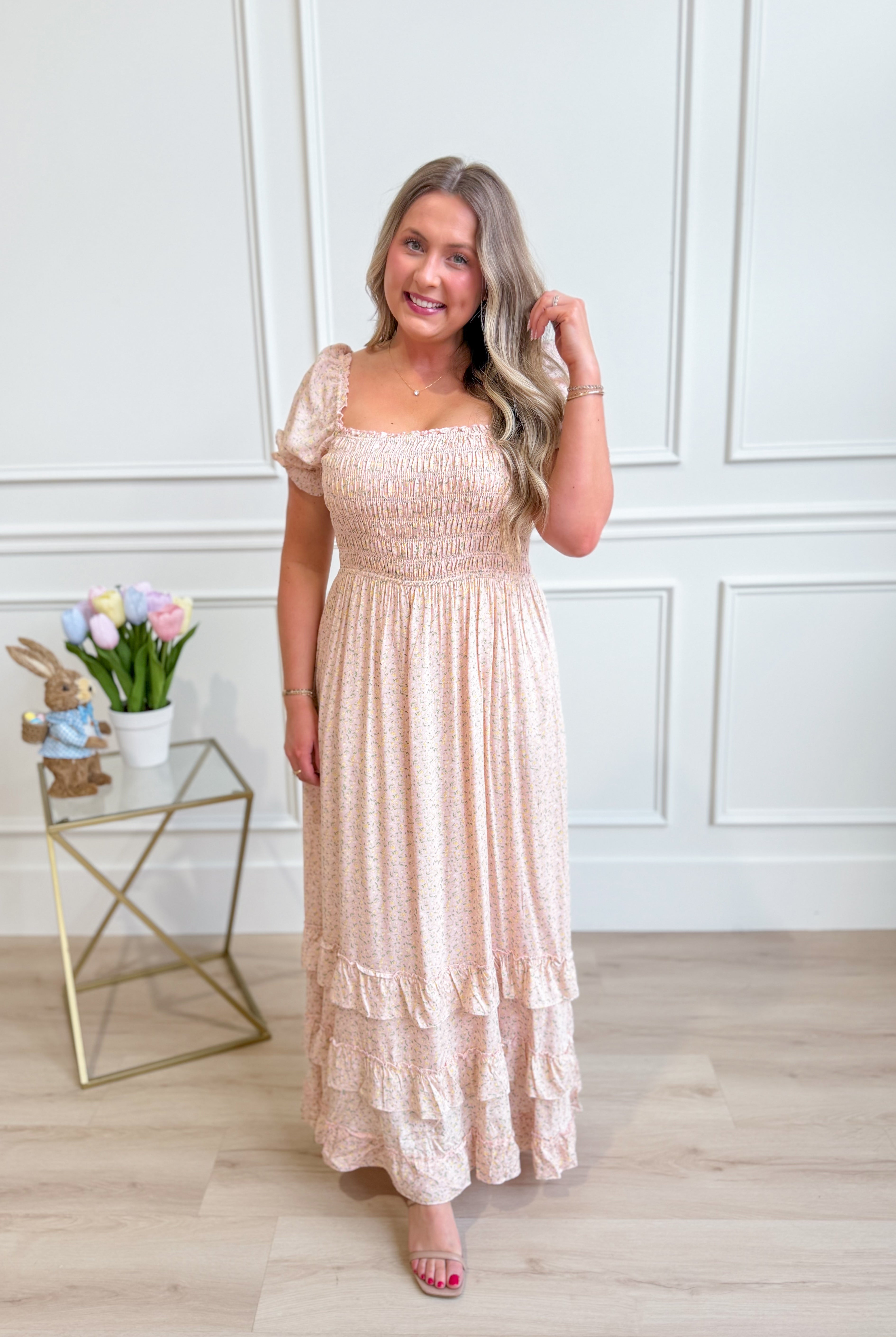 IN LOOM Luna smocked floral maxi dress with ruffled straps and flowing skirt, perfect for elegant summer occasions.