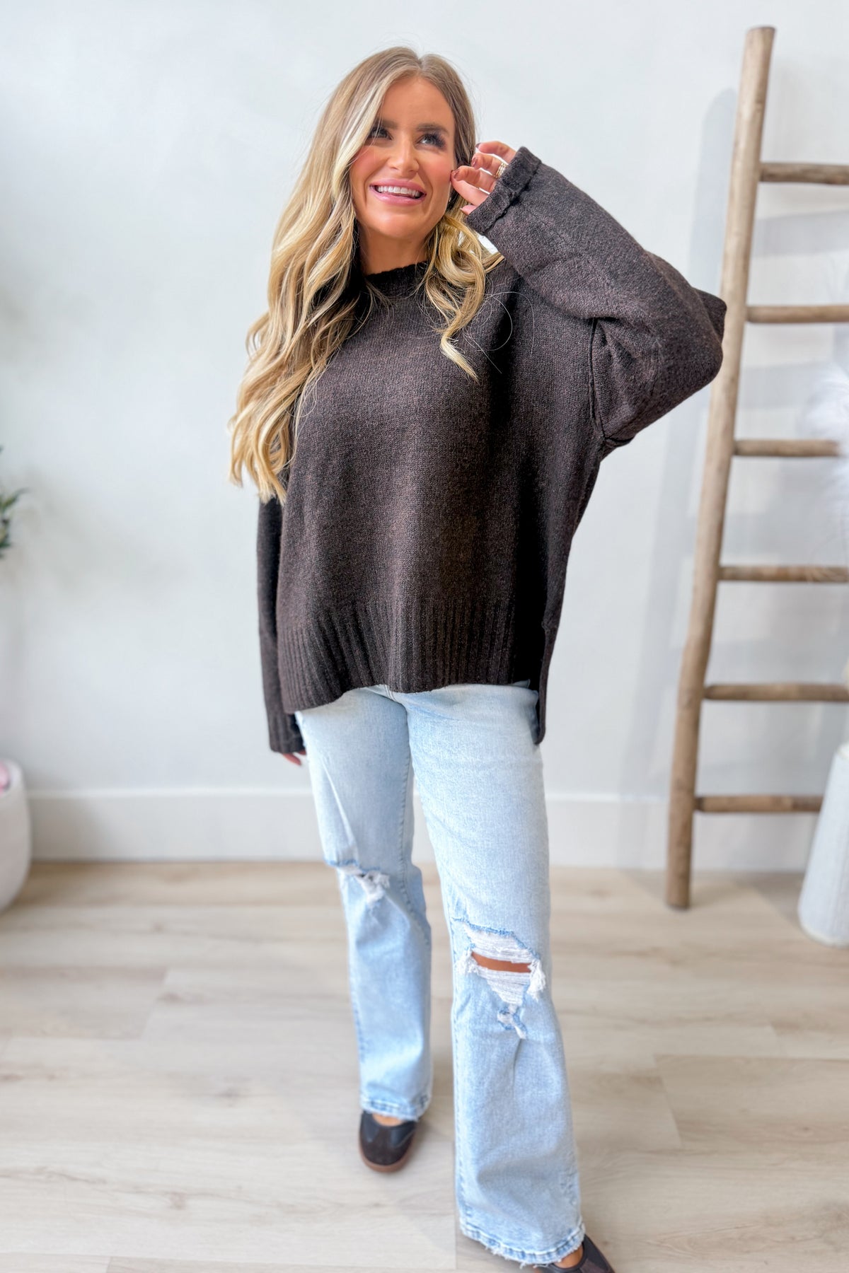 Rachel Espresso Side Slit Sweater by TWENTIFOURTH, a cozy fall sweater with side slits in rich espresso color, perfect for autumn outfits.