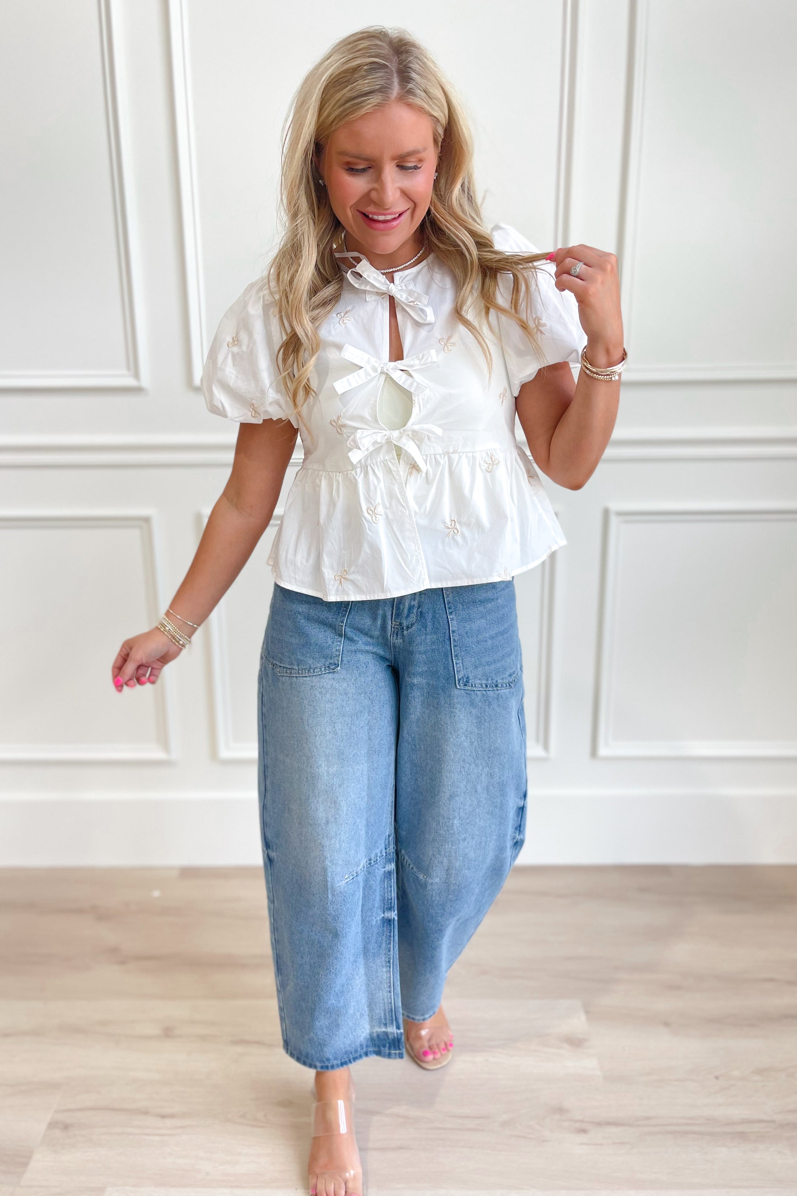 Karen Embroidered Bow Puff Sleeve Top - Be You Boutique