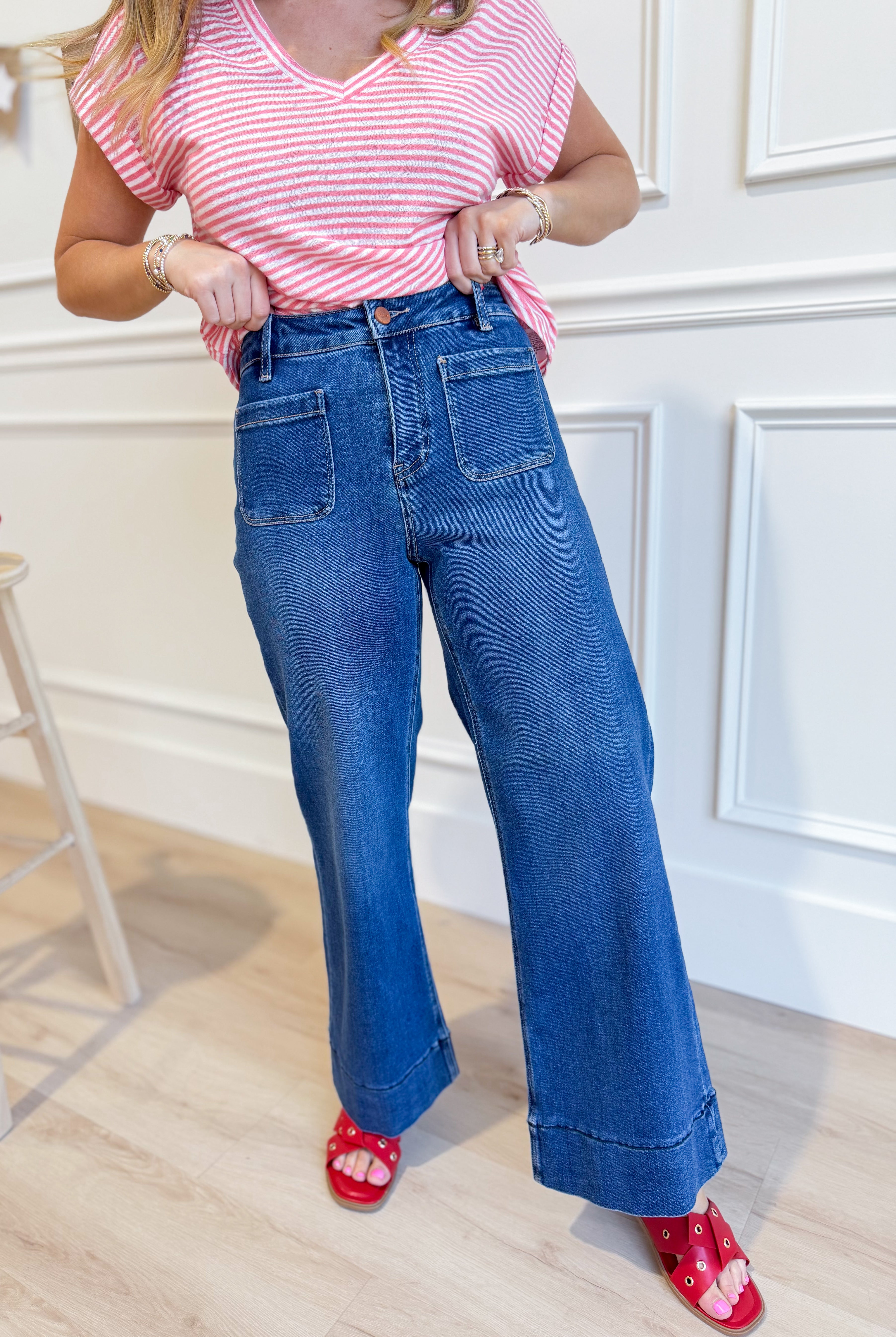 Risen Sam HR patch pocket wide leg jeans in size 0-3X, blue denim with relaxed fit and front patch pockets.