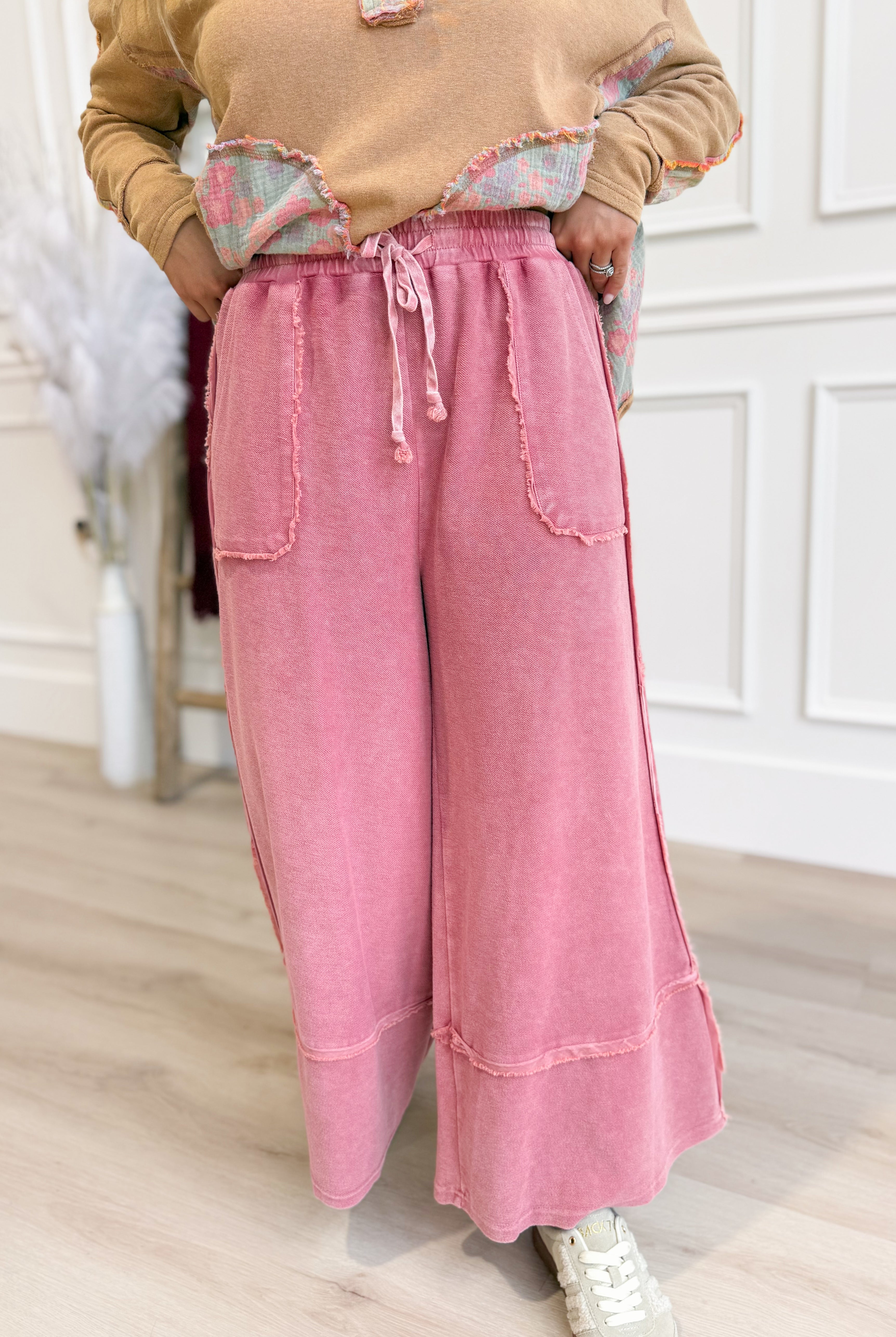 Caris Mineral Washed Upside Down Terry Knit Wide Leg Palazzo Pants - Be You Boutique