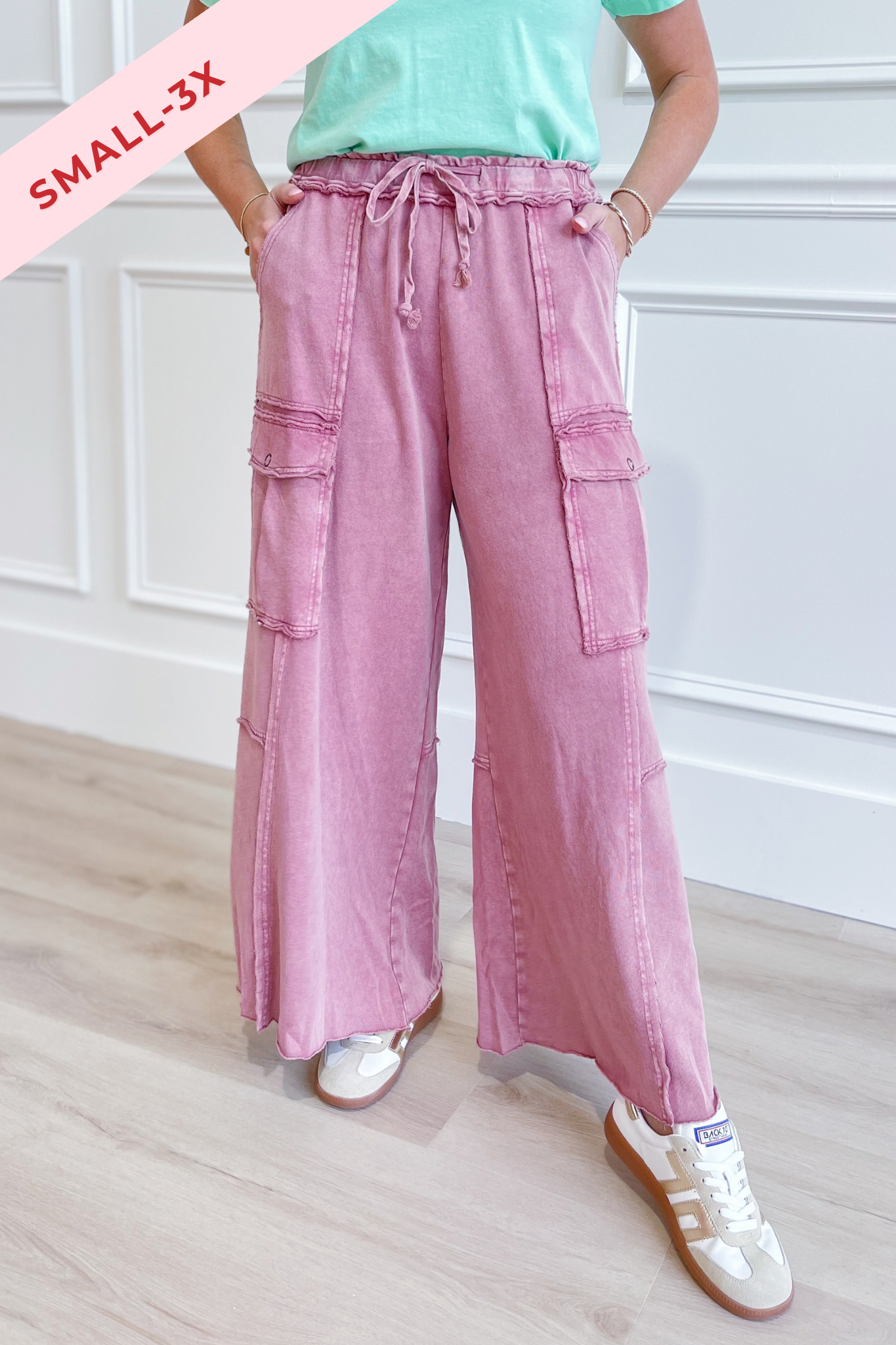 EASEL Mateo Mineral Washed Wide Leg Cargo Pants in earthy tone, featuring relaxed fit and multiple cargo pockets.