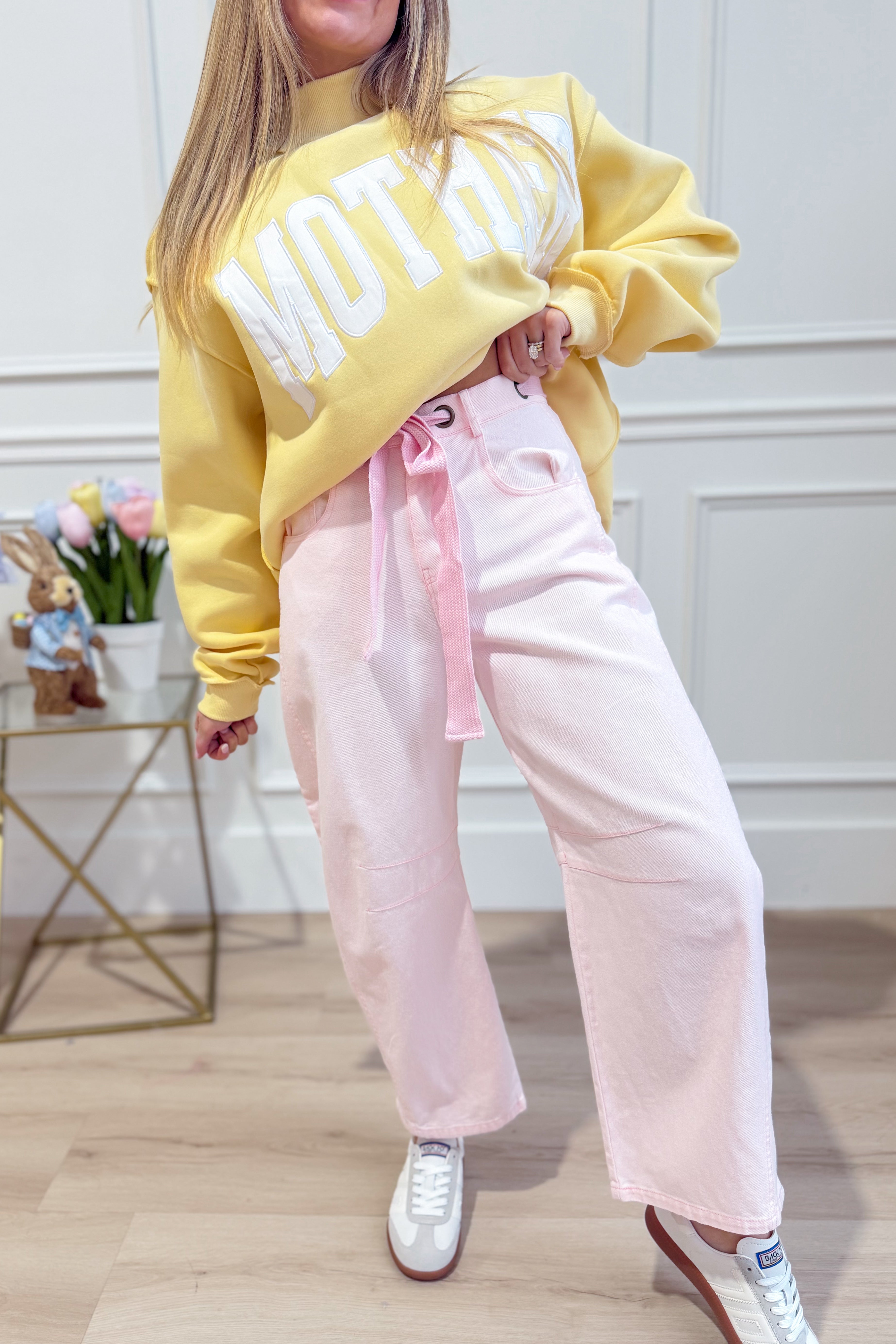 Light pink PEACH LOVE Candice mineral washed eyelet barrel jeans from the 147 Novelty Jeans collection.