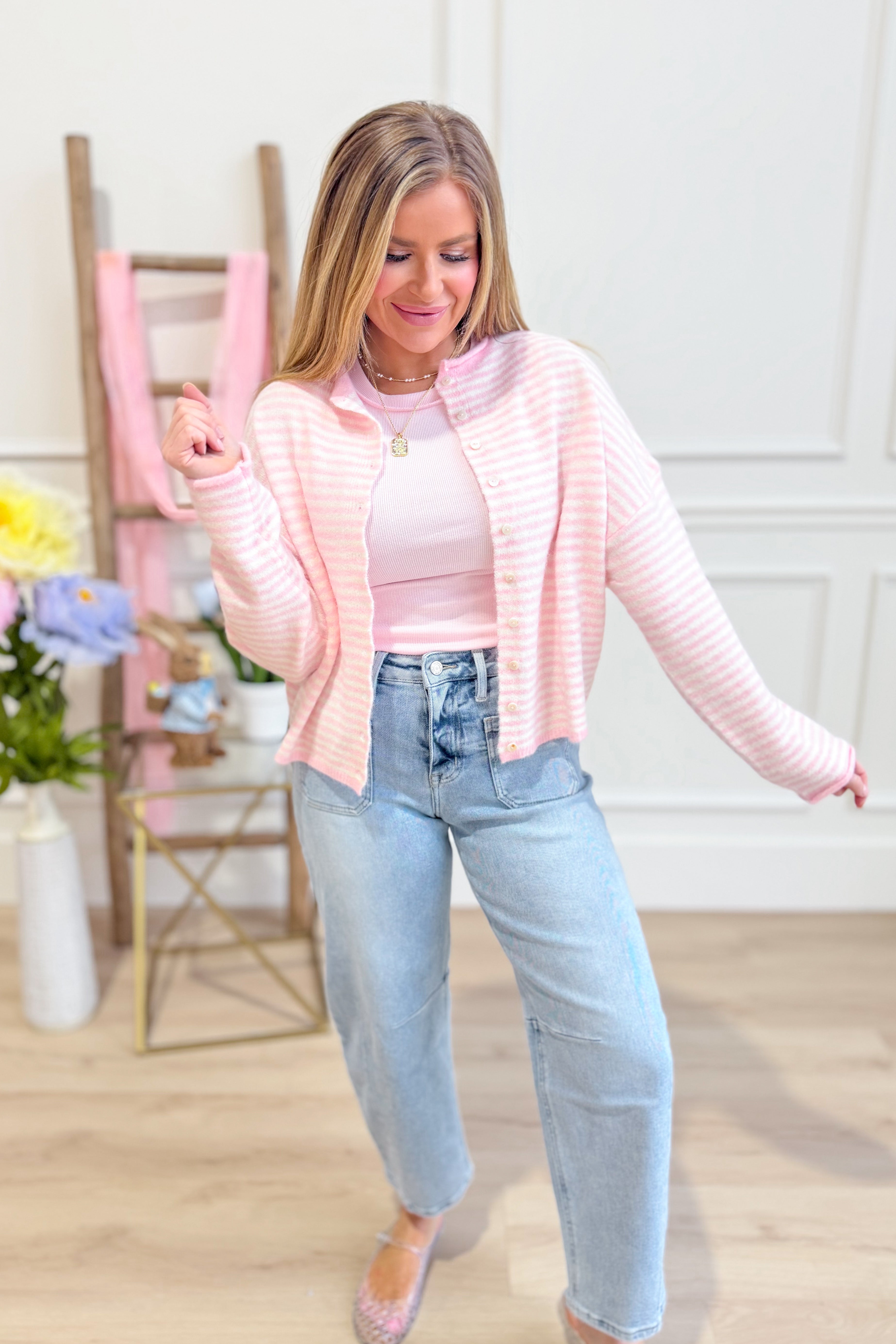 Olivia Pink Mini Striped Cardigan - Be You Boutique