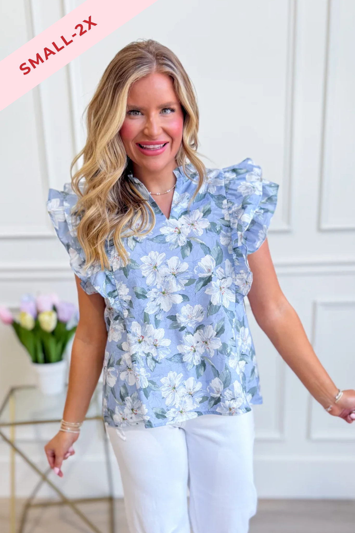 SHE + SKY Lori printed top with ruffle sleeves, lightweight spring sweater in floral pattern, casual and stylish for spring wear.