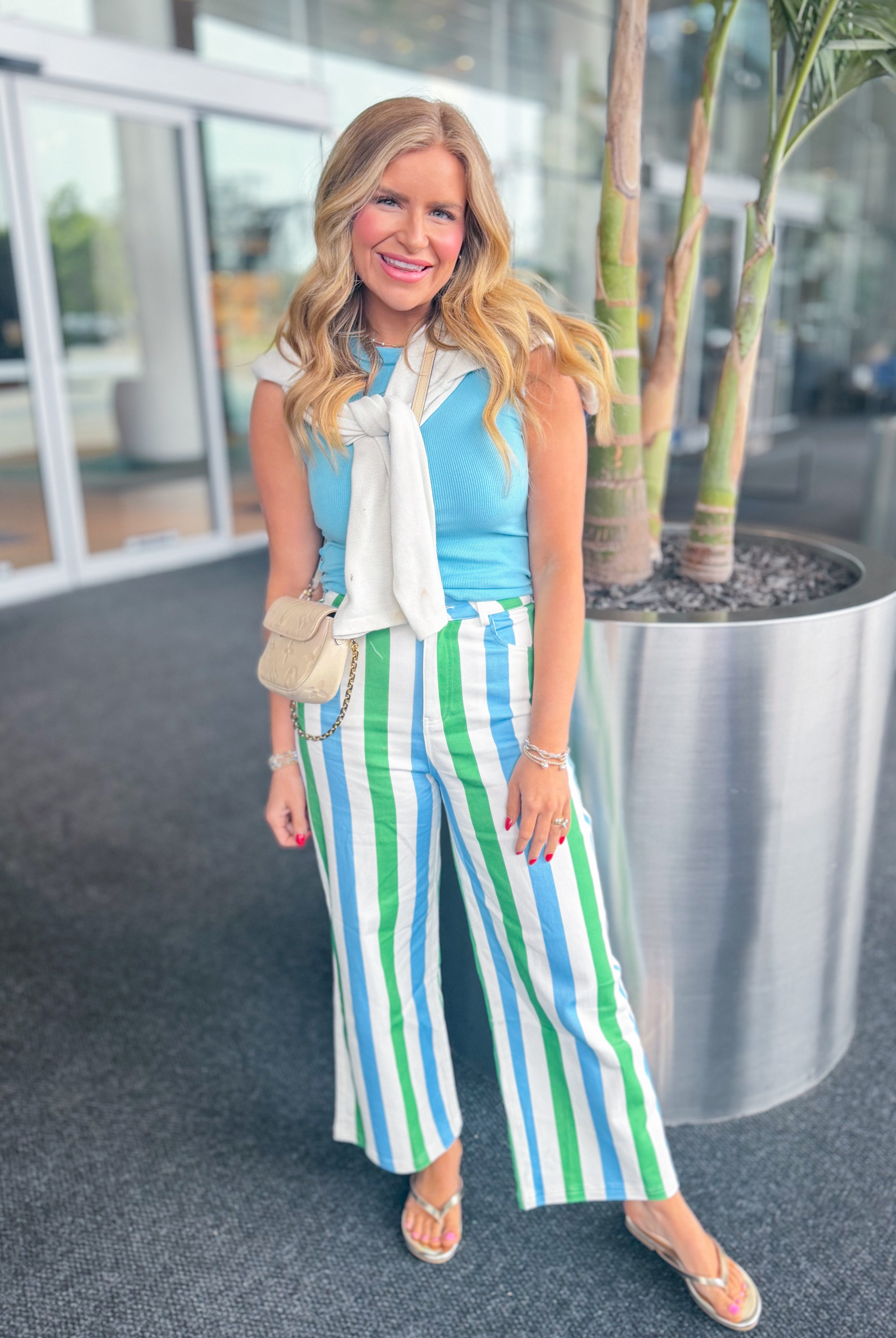 Entro Posie Blue Striped Straight Leg Jeans with 147 novelty style, featuring blue and white stripes and classic fit.