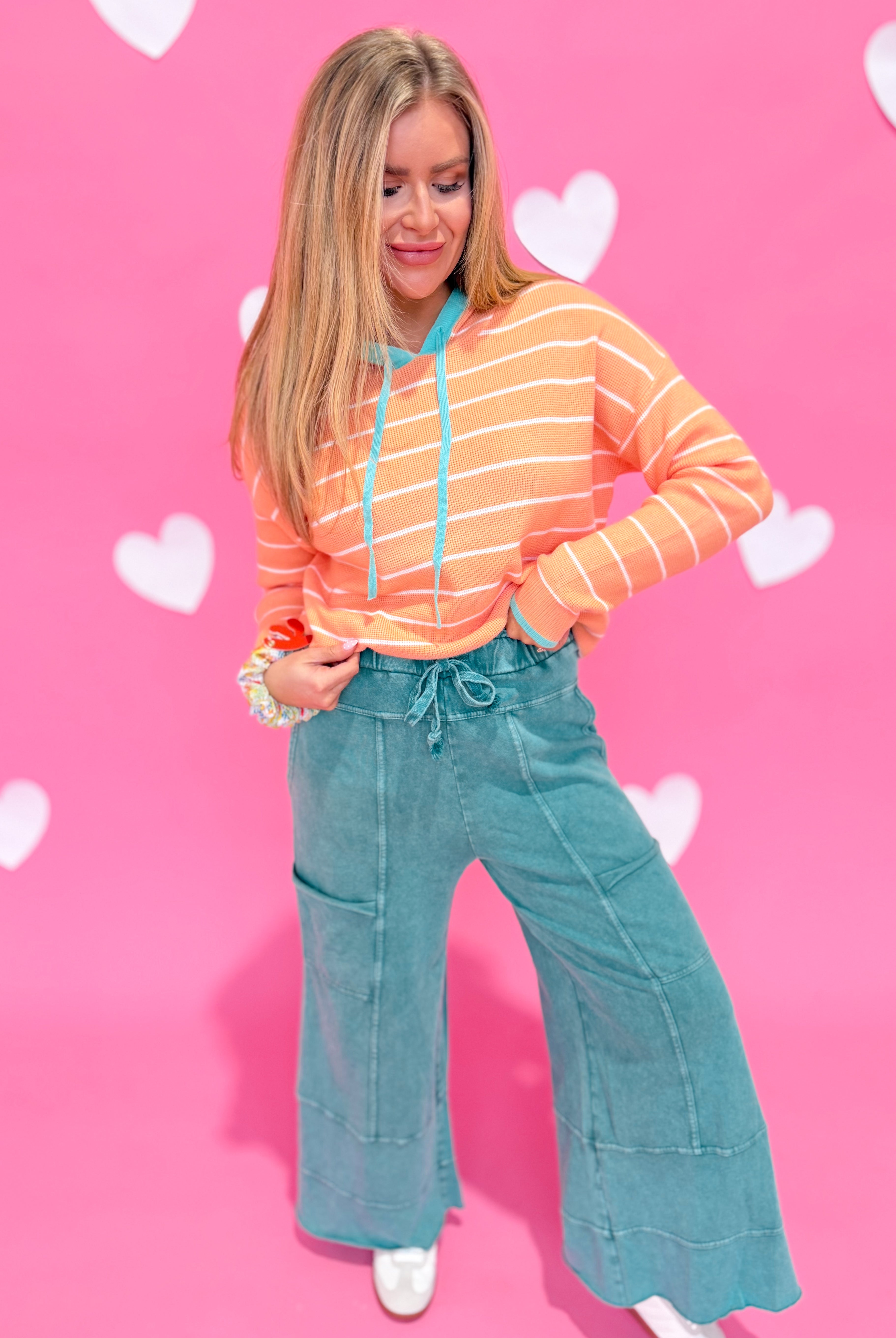 EASEL Bradley Mineral Washed Terry Knit Wide Leg Pants, showing soft, wide-leg knit fabric in a relaxed fit.