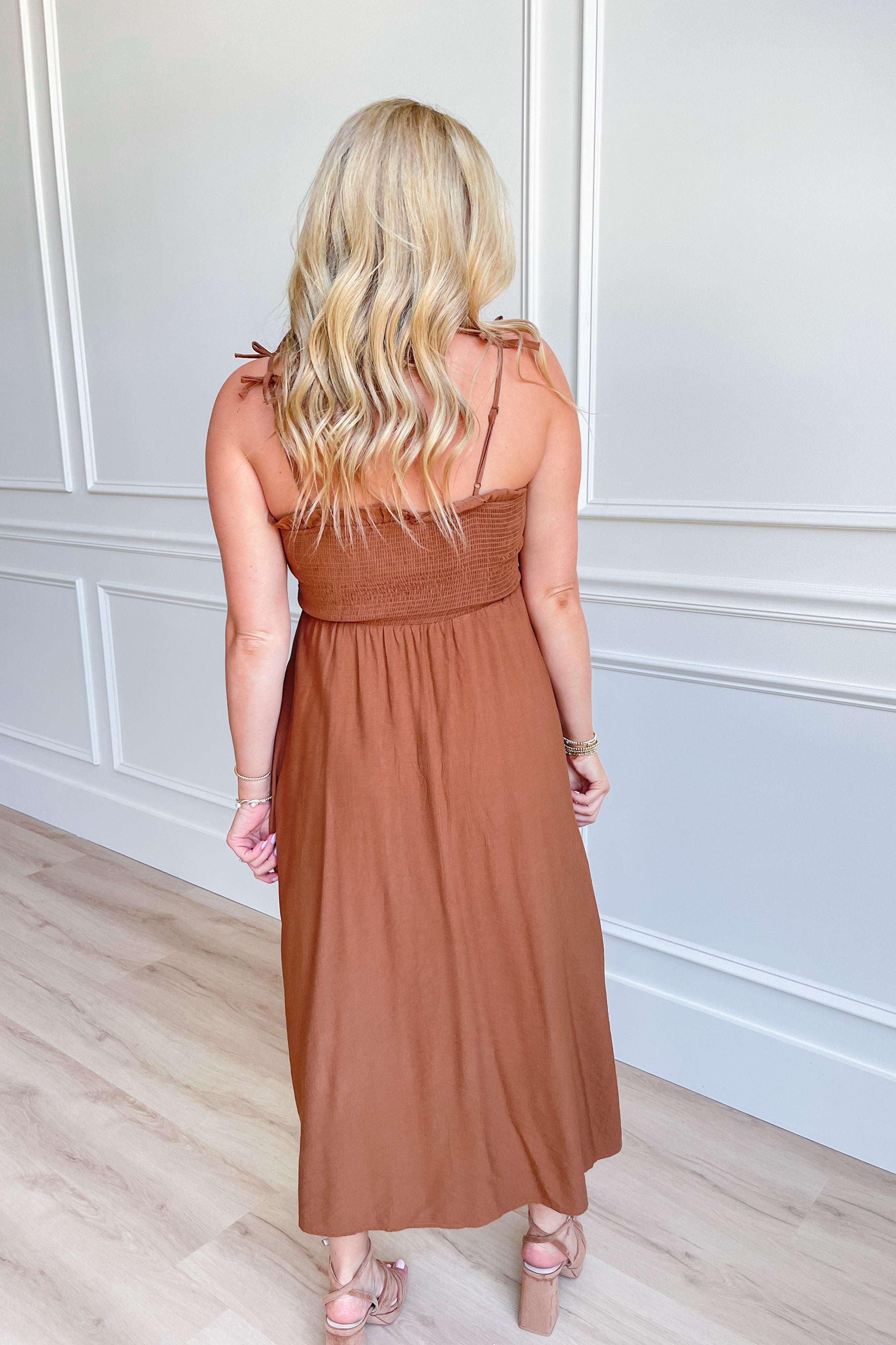 Maddie Smocked Bow Strap Midi Dress - Be You Boutique